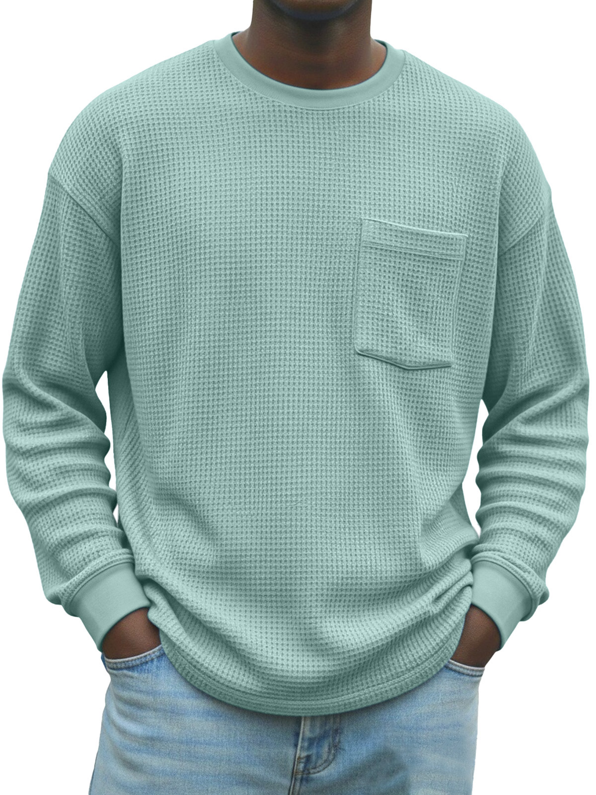 Men's Stylish Waffle-knit Pocket Long-sleeved Crew Neck T-shirt