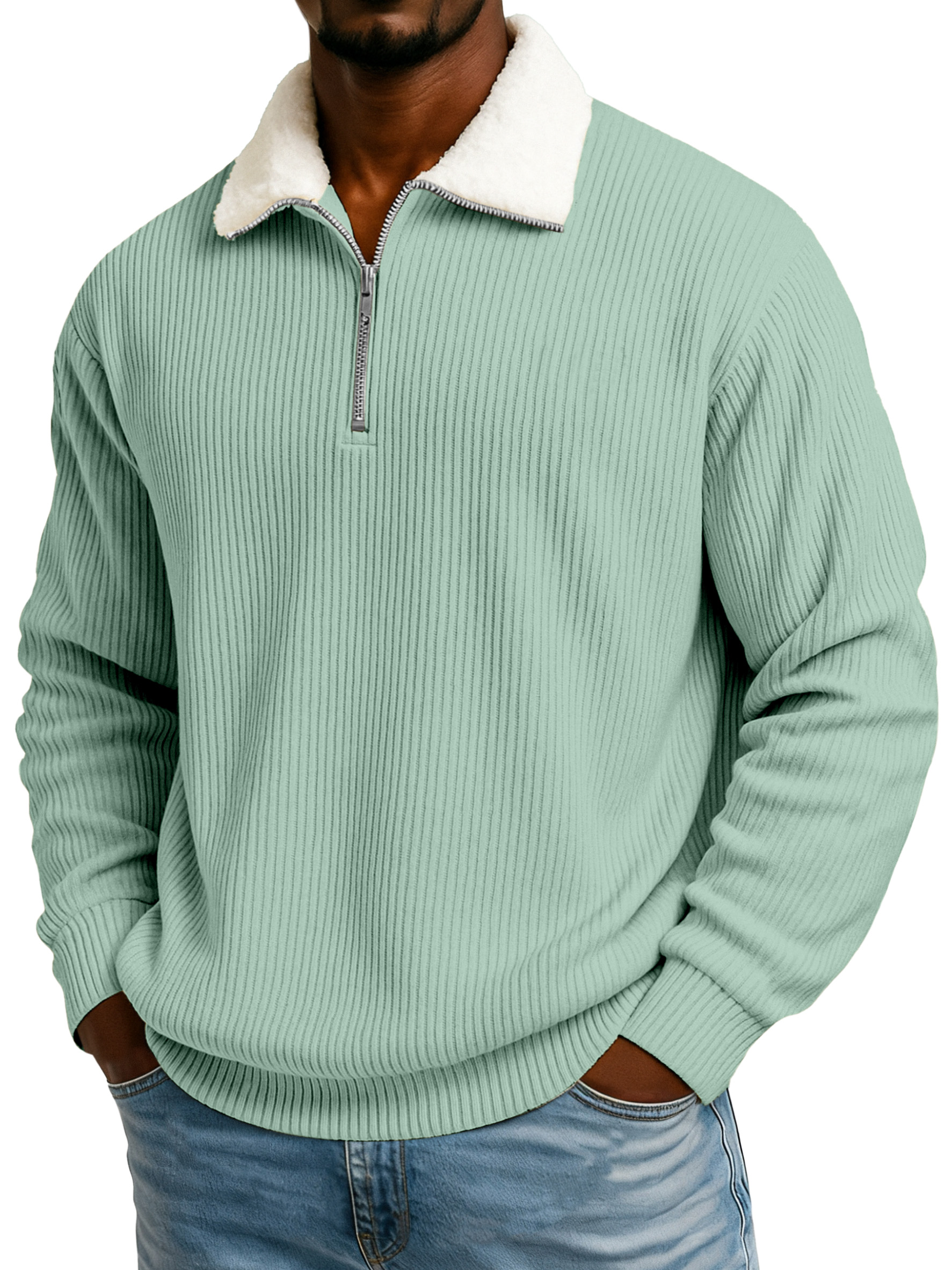 Men's Winter Pit Striped Plush Stand Collar Casual Sweatshirt