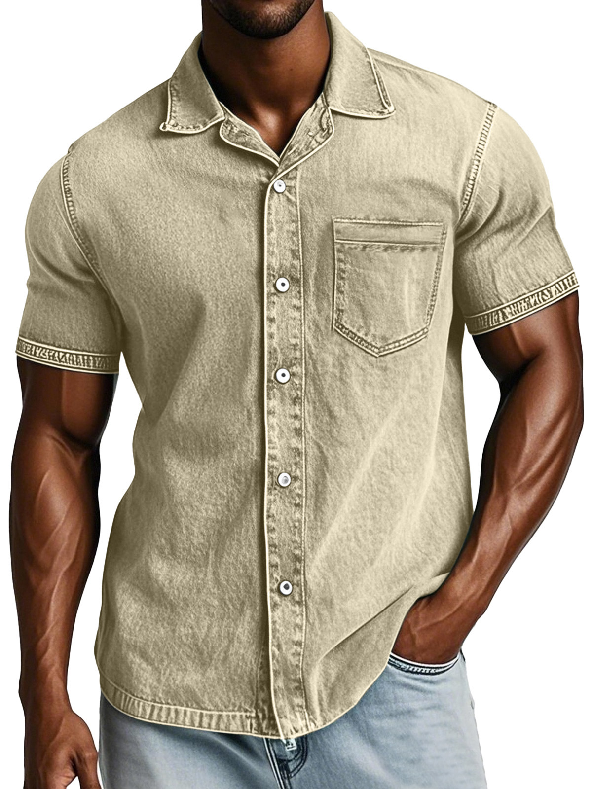 Men's Retro Solid Color Loose And Comfortable Lapel Short-sleeved Shirt