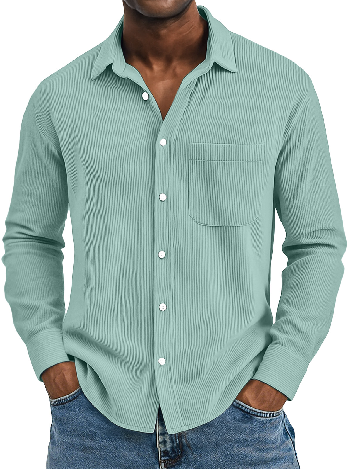 Men's Casual Solid Color Vertical Pit Strip Pocket Lapel Long-sleeved Shirt