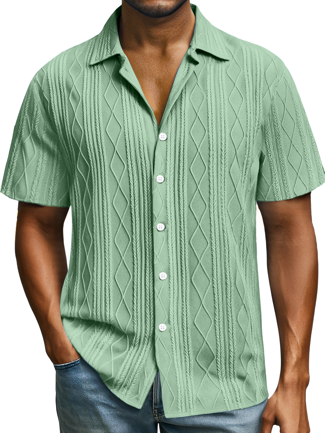 Men's Casual Daily Simple Solid Color Texture Button Lapel Short-sleeved Shirt