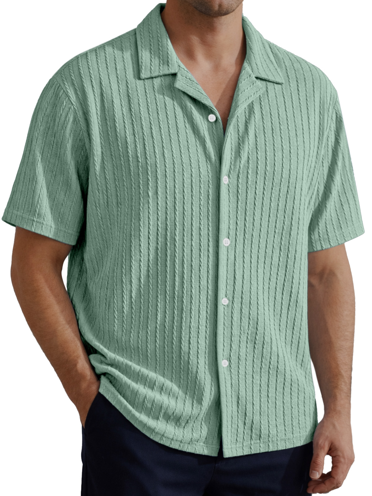 Men's Simple Solid Color Cable Knit Textured Short-Sleeve Collared Shirt