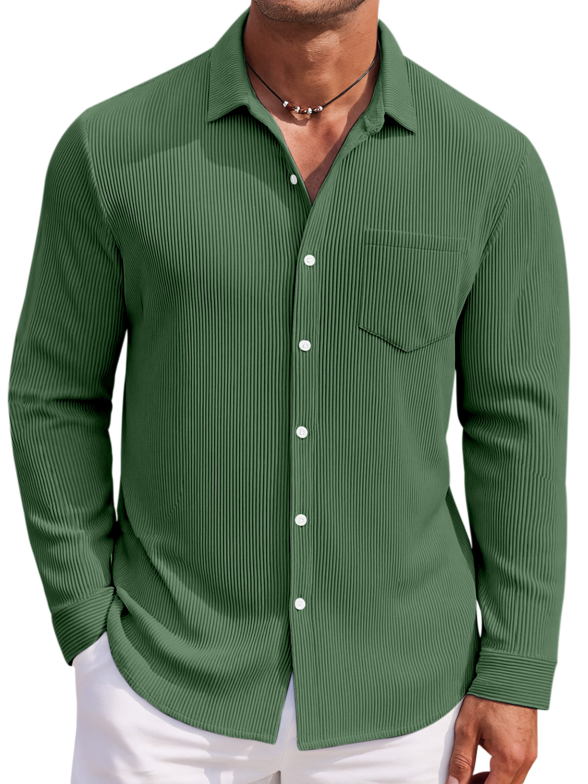 Men's Loose Daily Breathable Solid Color Vertical Pit Strip Long-sleeved Shirt
