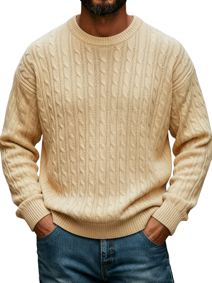 Men's Fashionable Casual Crew Neck Cable Knit Long-Sleeve Sweater