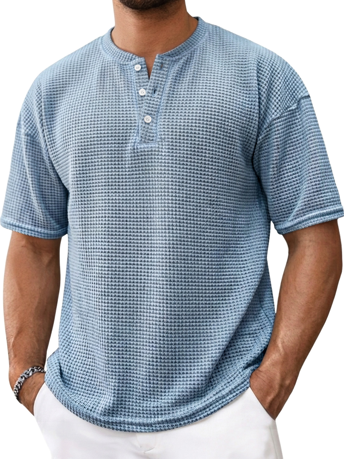 Men's Casual Textured Solid Color Short-Sleeve Henley Shirt