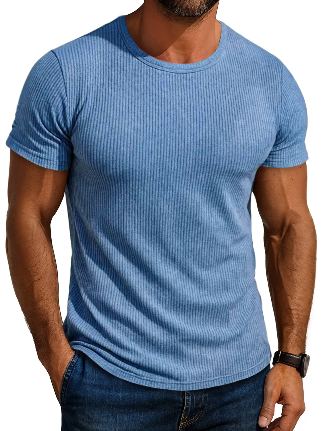 Men's Daily Round Neck Ribbed Casual Comfortable Solid Color Short-sleeved T-shirt