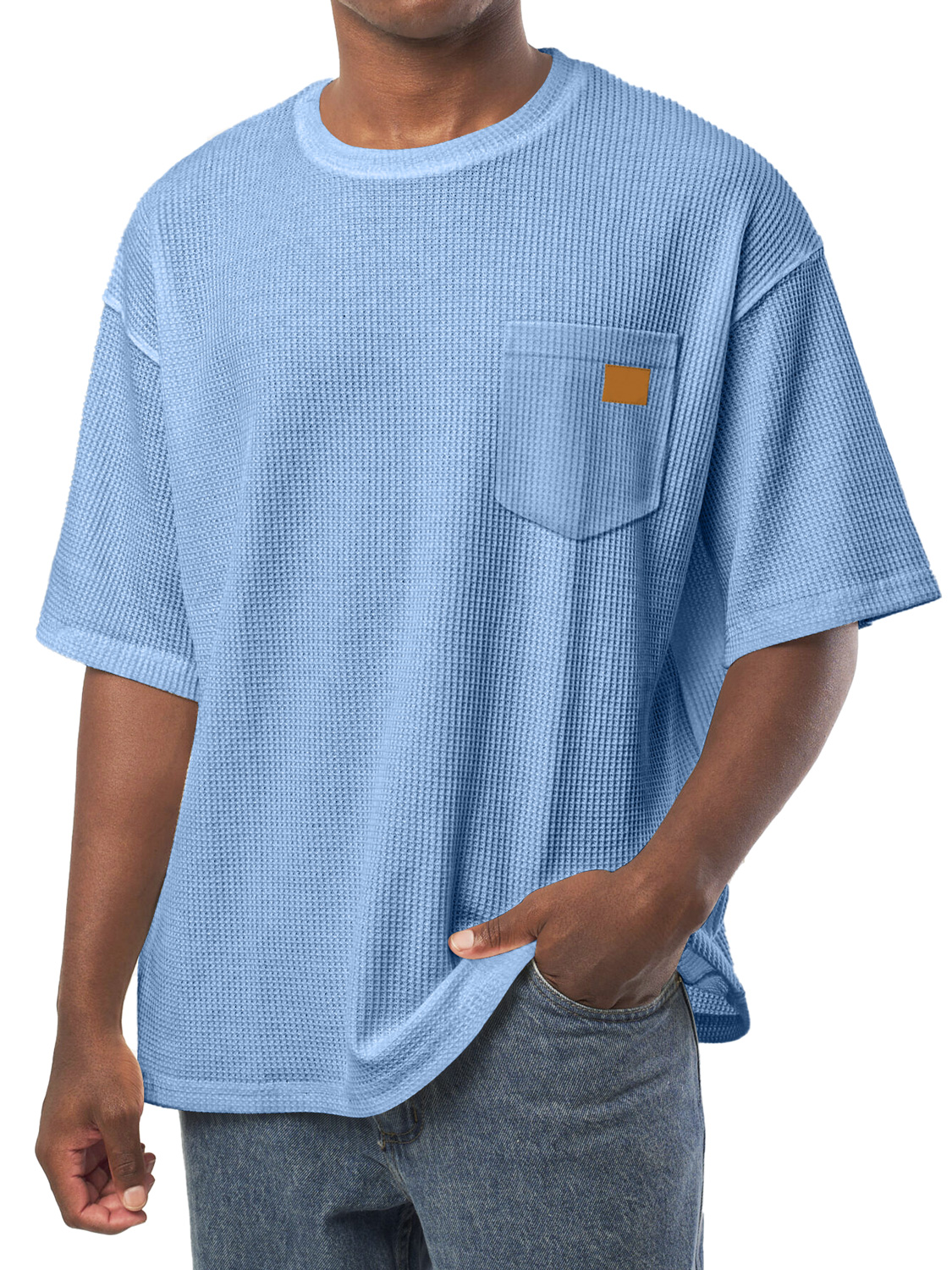Men's Everyday Waffle Pocket Embroidered Logo Crew Neck Casual Loose Short Sleeve T-Shirt