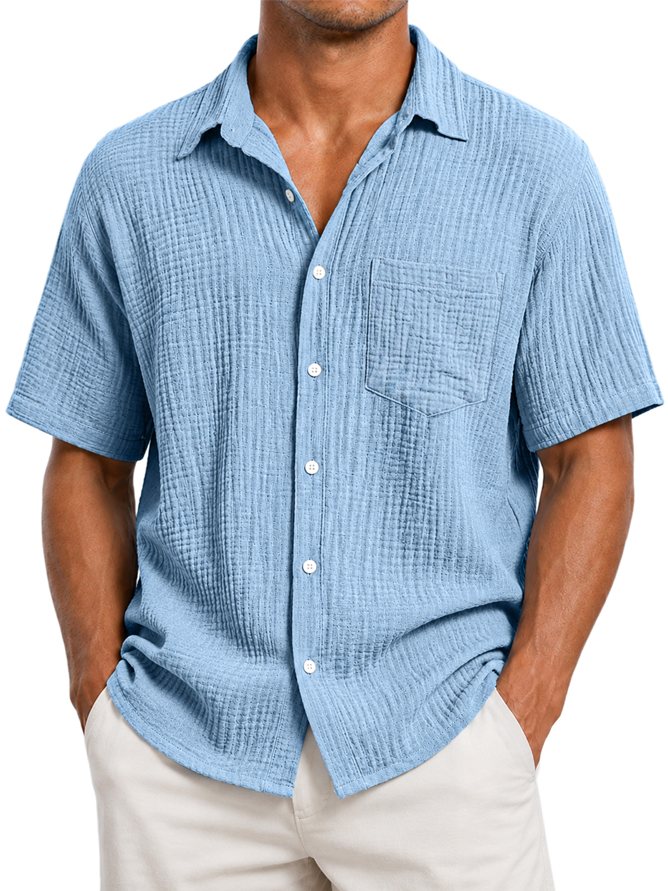 Men's Casual Solid-Color Short-Sleeve Shirt with Textured Pleats and Pocket