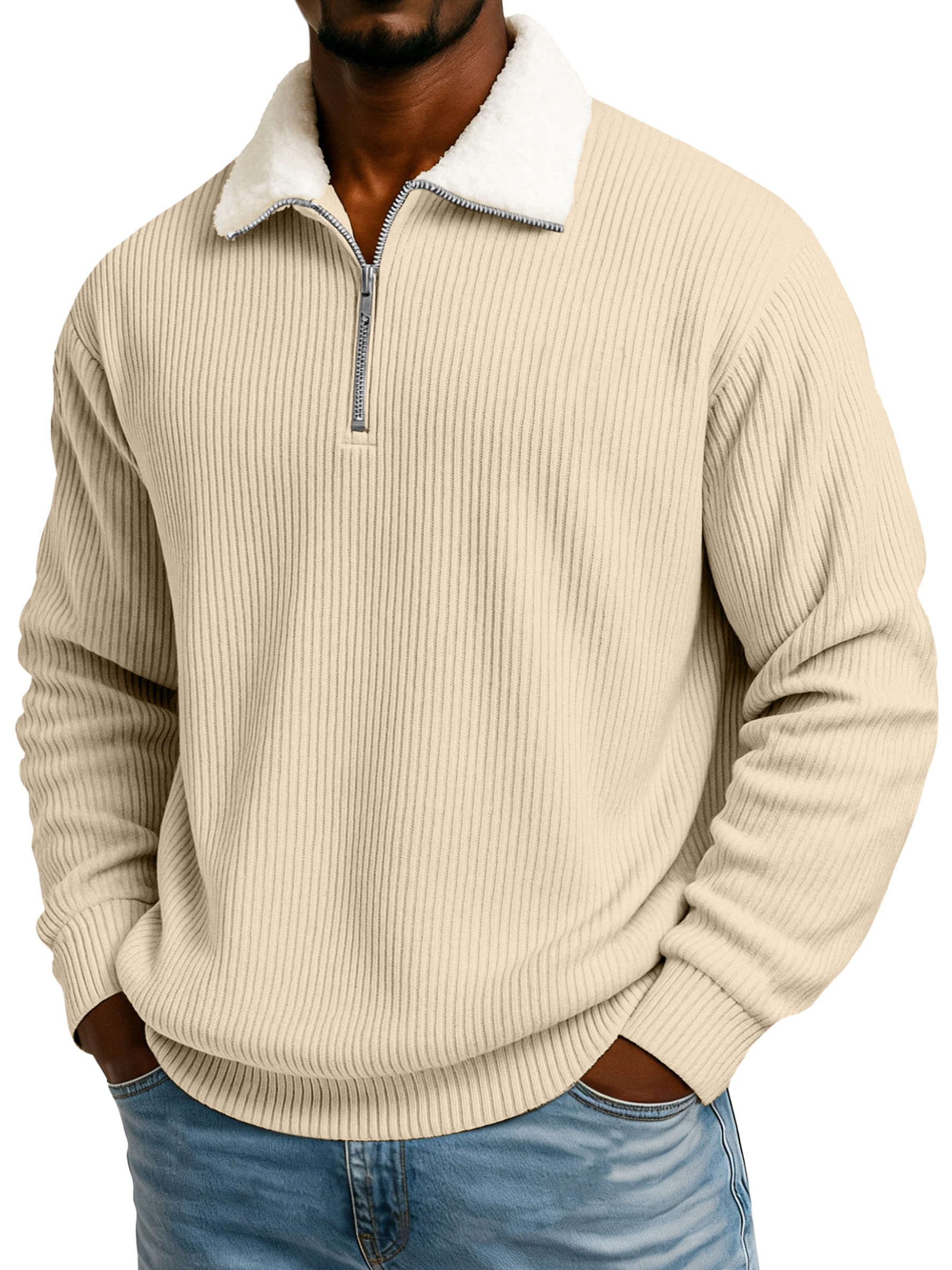 Men's Winter Pit Striped Plush Stand Collar Casual Sweatshirt