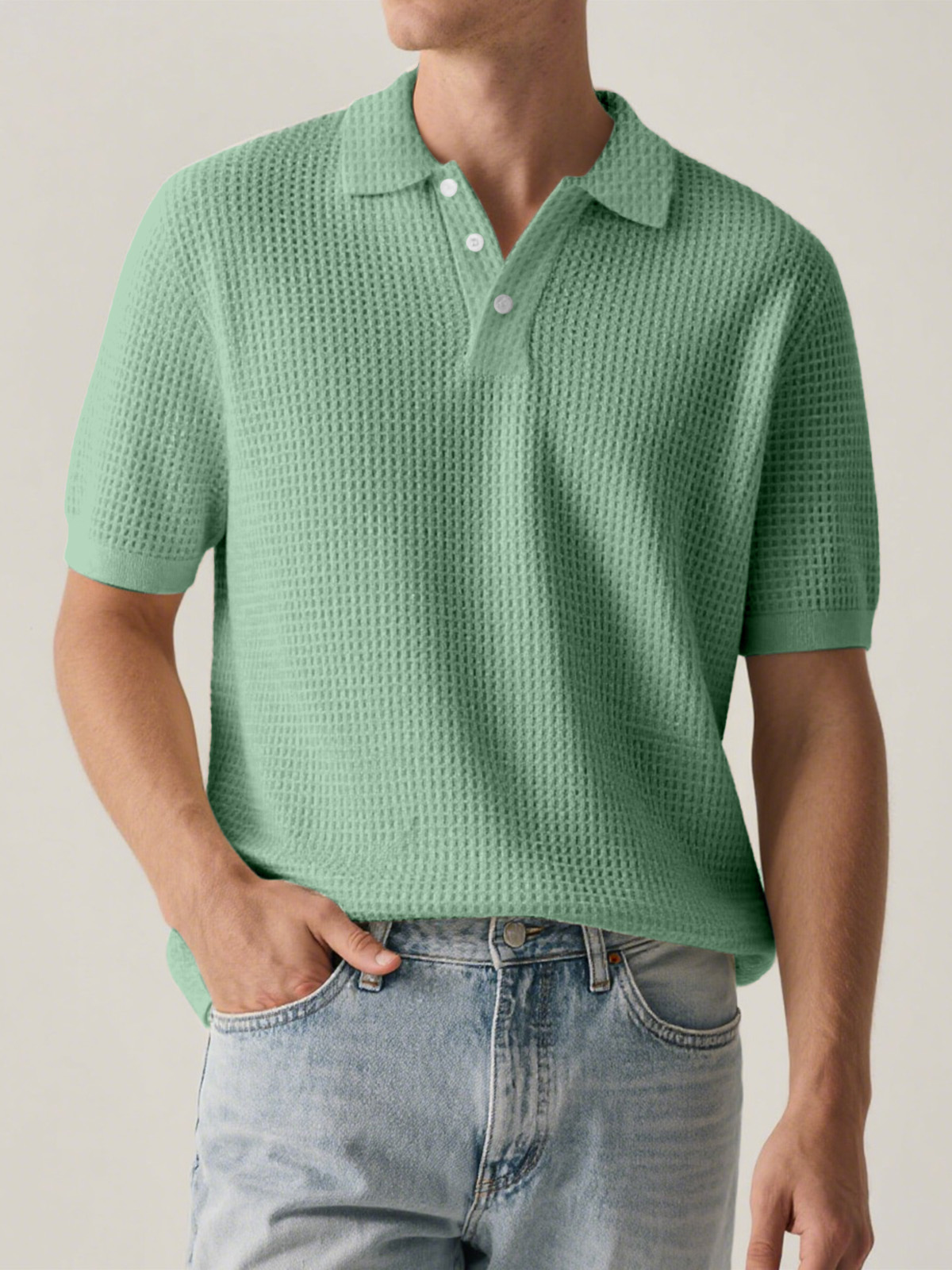Men's Everyday Solid Color Waffle Short Sleeve Lapel Polo Shirt