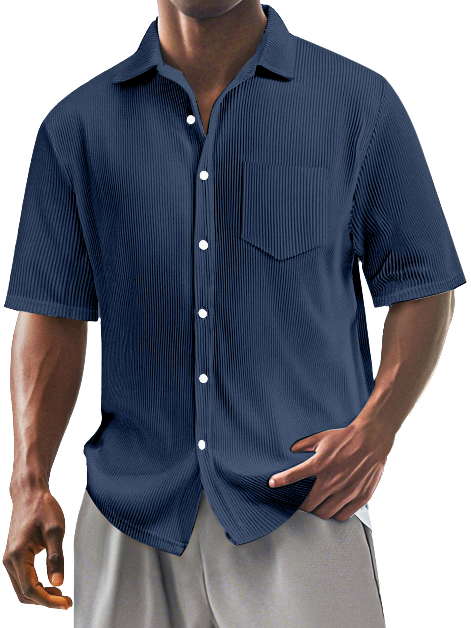 Men's Casual Simple Solid Color Vertical Pit Short-sleeved Shirt