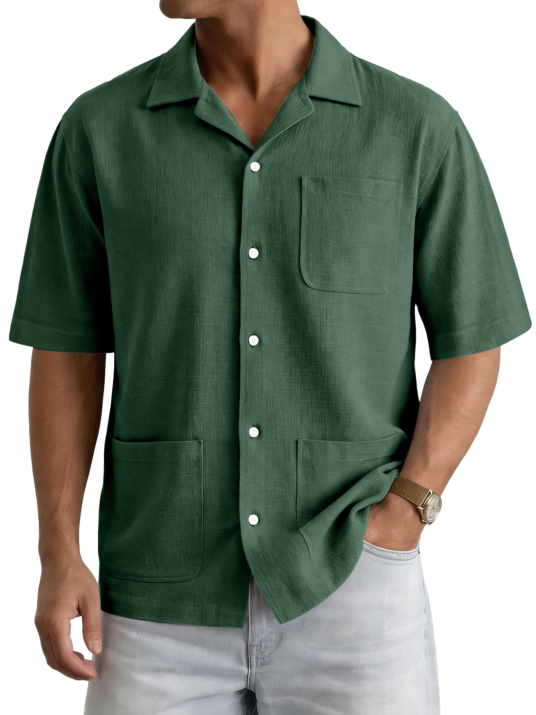 Men's Casual Simple Solid Color Multi-Pocket Cuban Collar Short-Sleeve Shirt