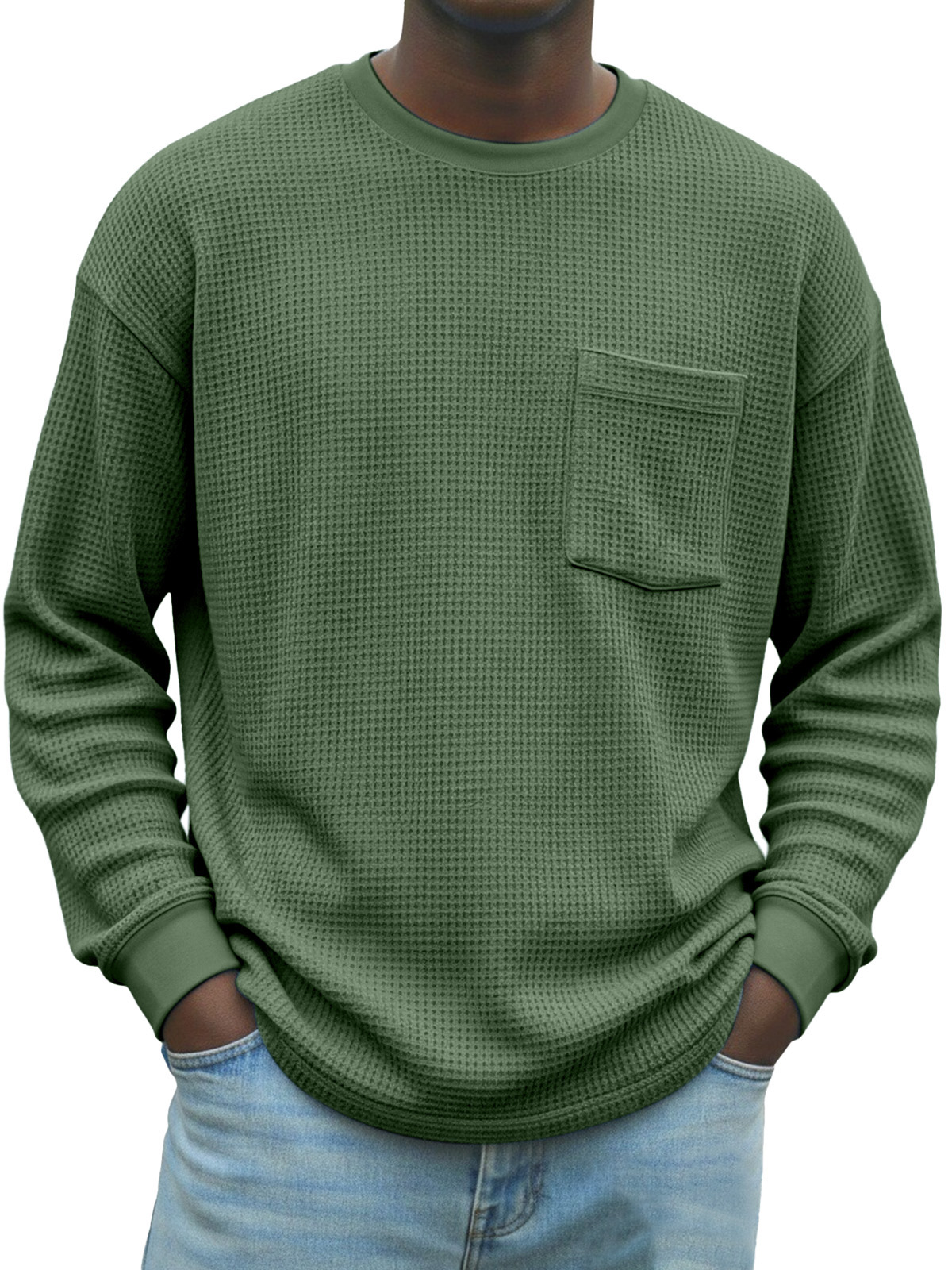 Men's Stylish Waffle-knit Pocket Long-sleeved Crew Neck T-shirt