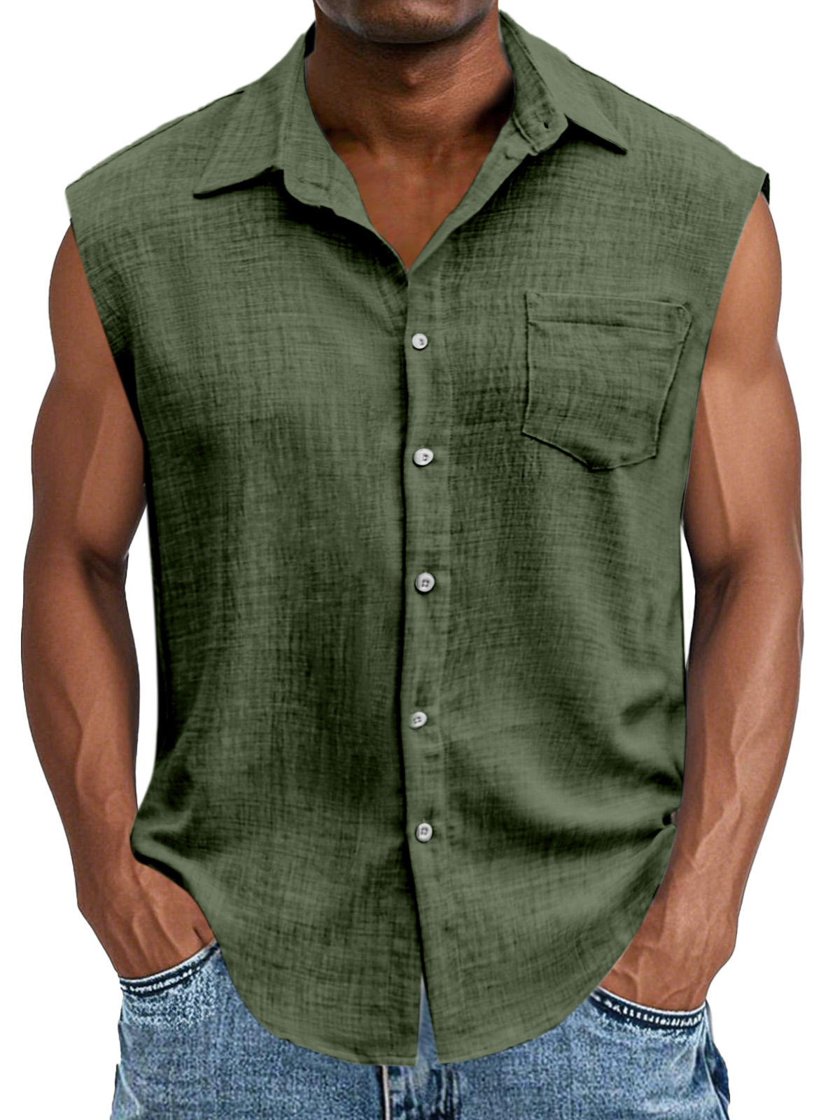 Men's Casual And Comfortable Imitation Linen Button Sleeveless Lapel Shirt