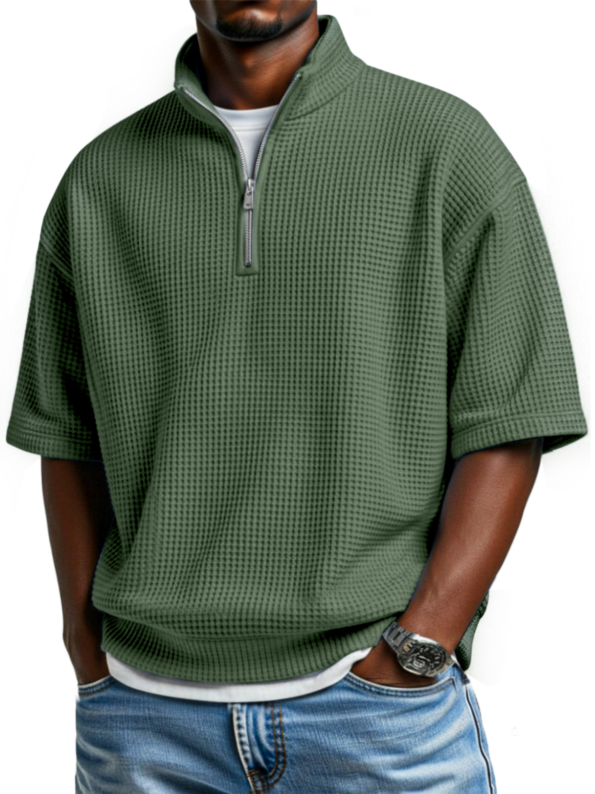 Men's simple basic waffle zipper stand collar short-sleeved POLO shirt