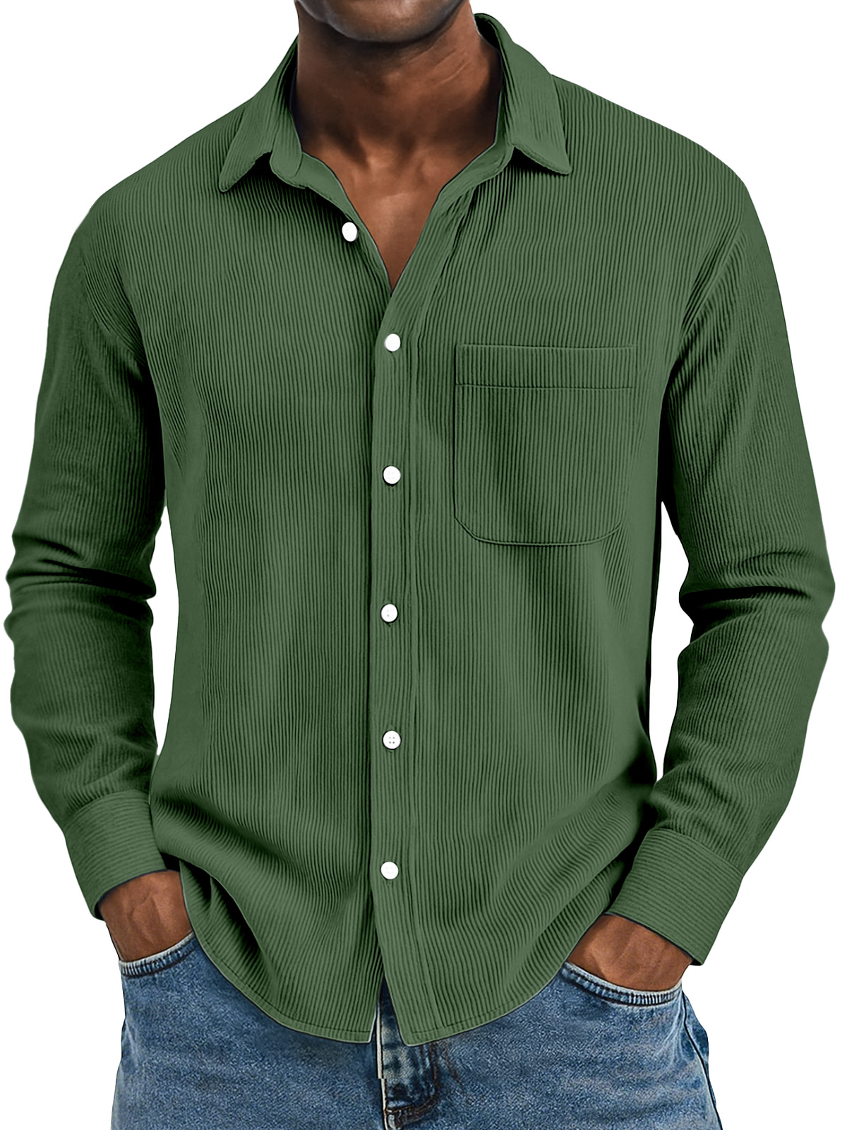 Men's Casual Solid Color Vertical Pit Strip Pocket Lapel Long-sleeved Shirt