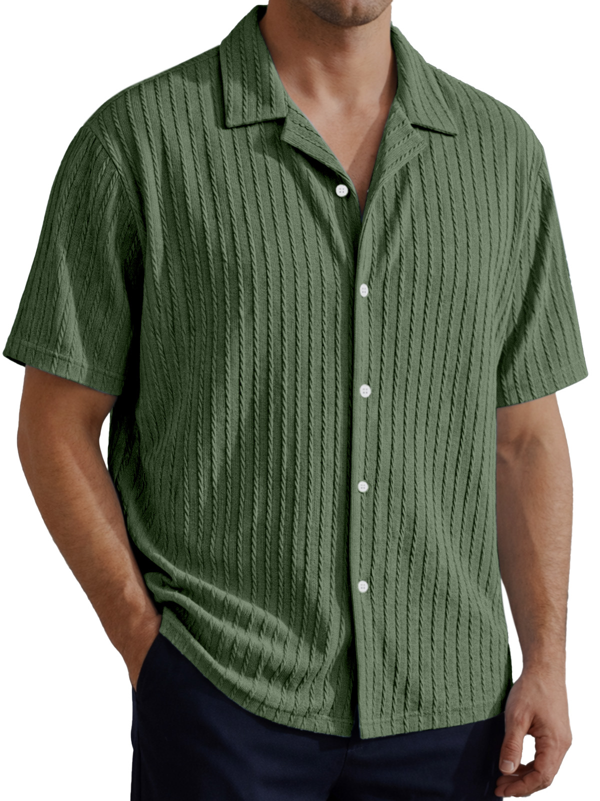 Men's Simple Solid Color Cable Knit Textured Short-Sleeve Collared Shirt
