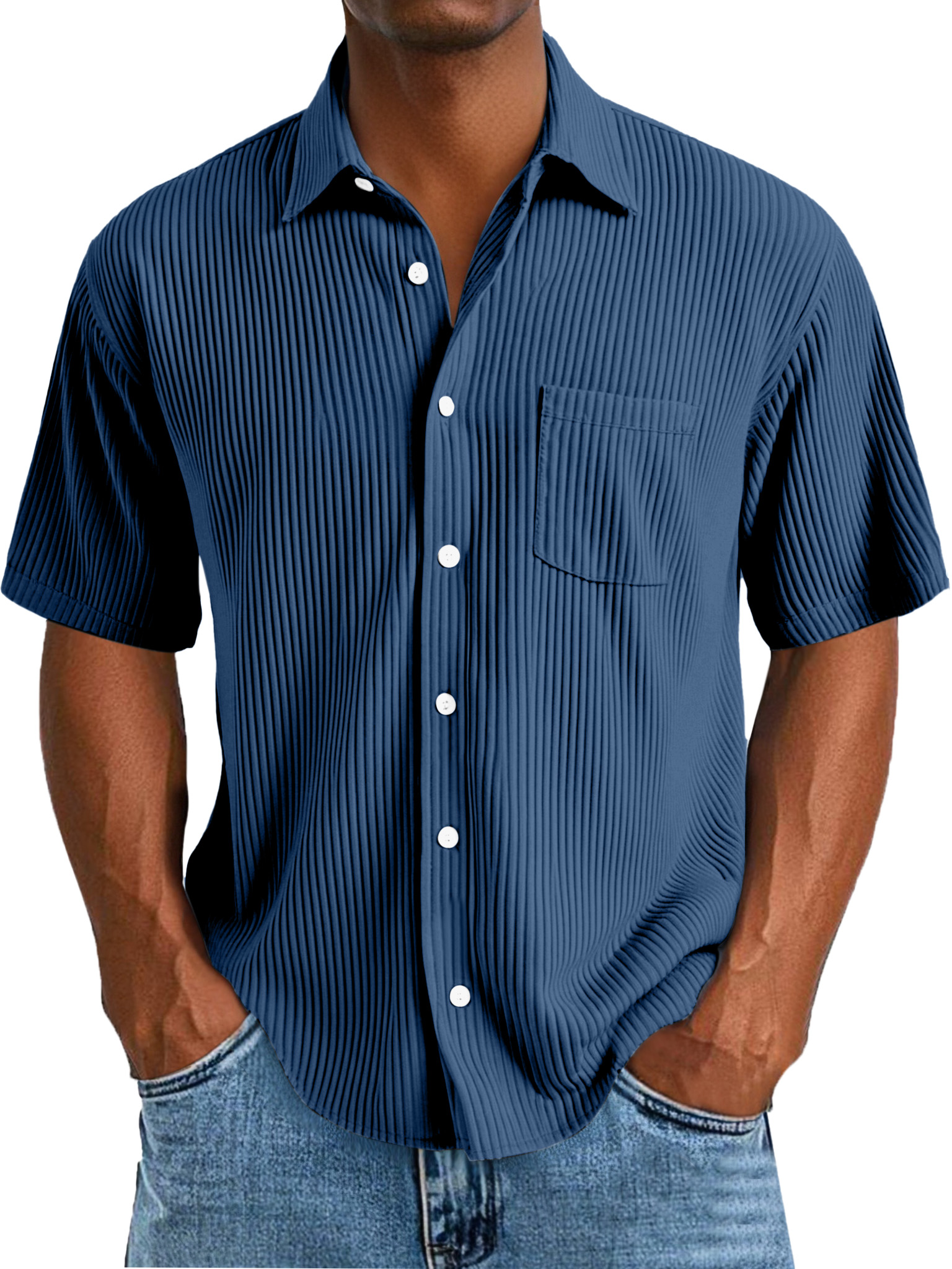 Men's Daily Casual Solid Color Vertical Pit Short-sleeved Lapel Shirt