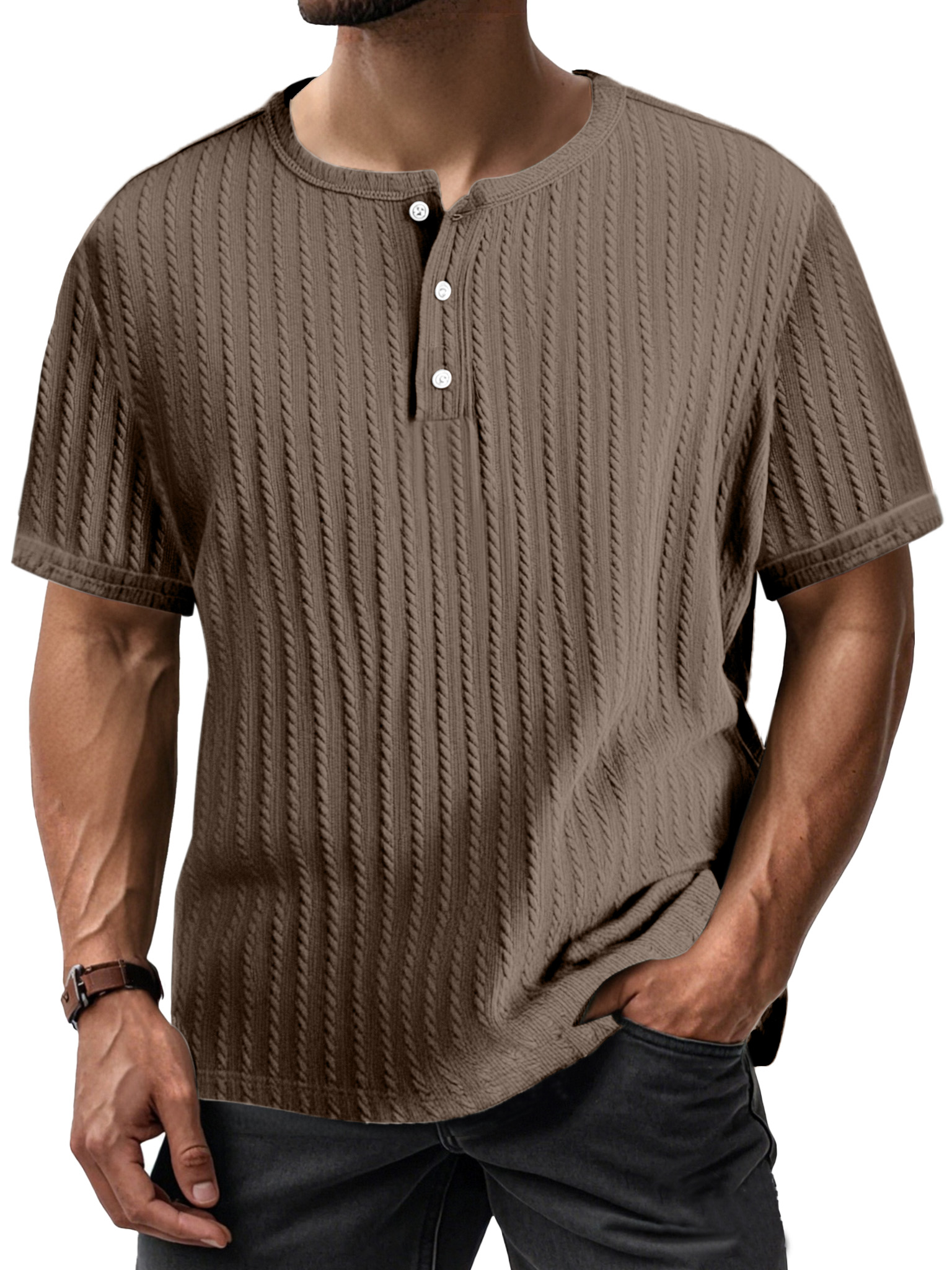 Men's Simple Casual Textured Short-sleeved Henley Shirt