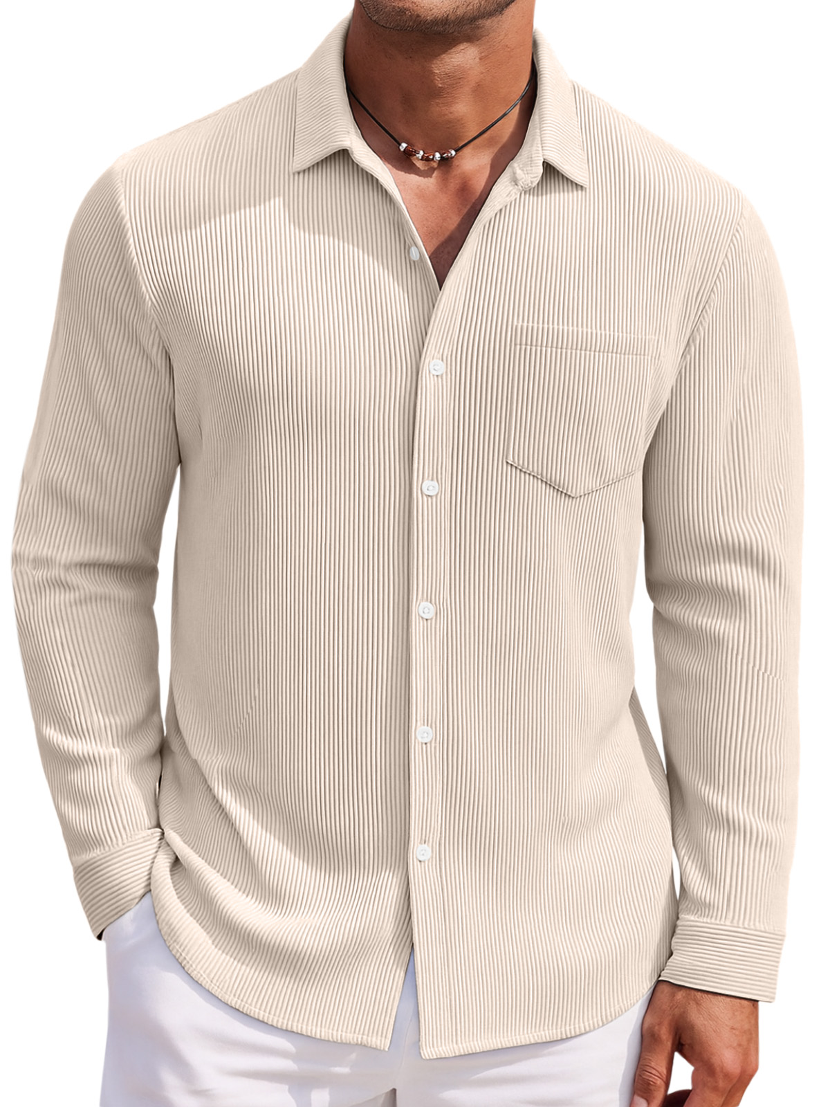 Men's Loose Daily Breathable Solid Color Vertical Pit Strip Long-sleeved Shirt