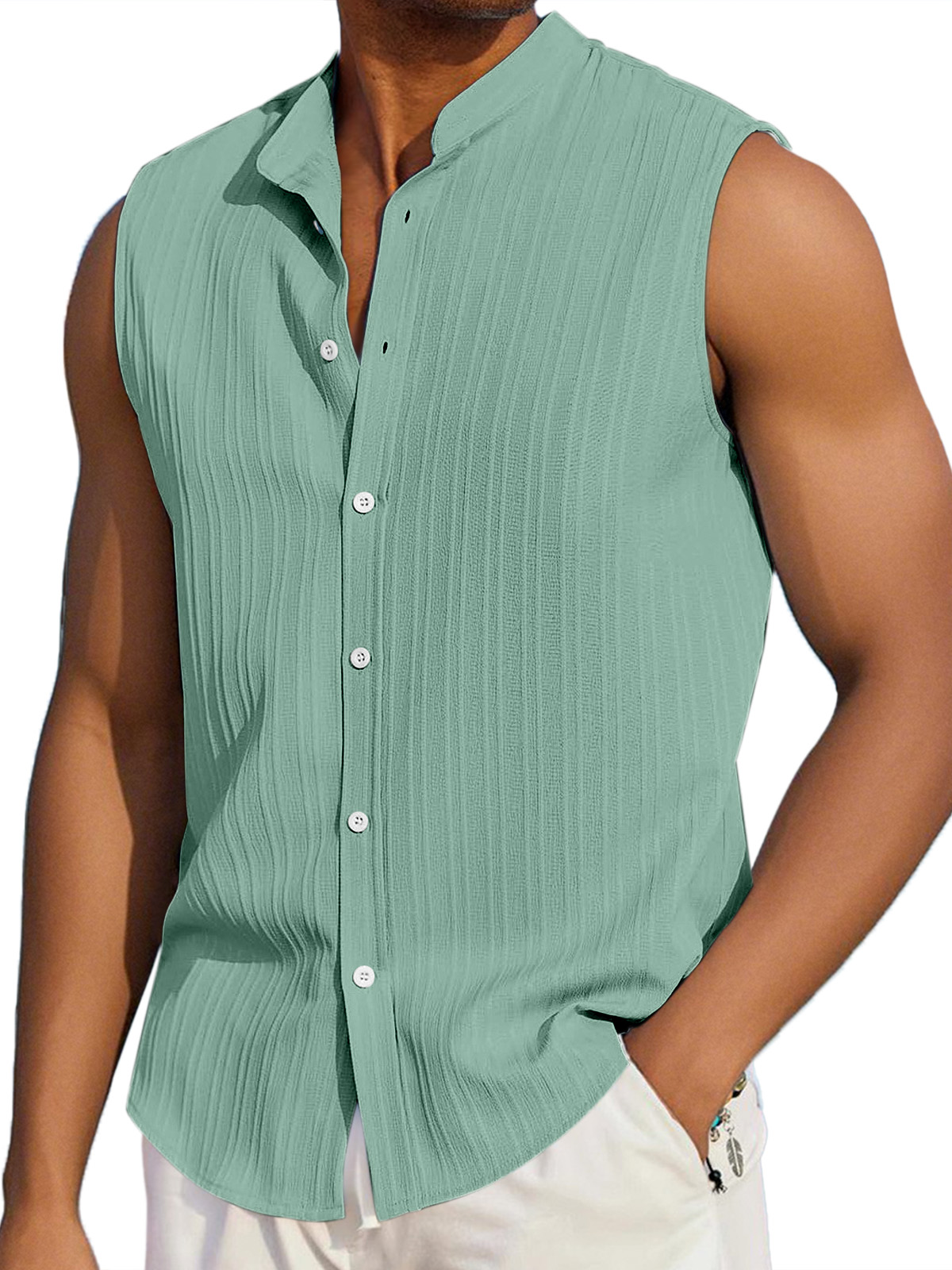 Men's Summer Casual Solid Color Vertical Stripe Loose Lapel Button Sleeveless Shirt