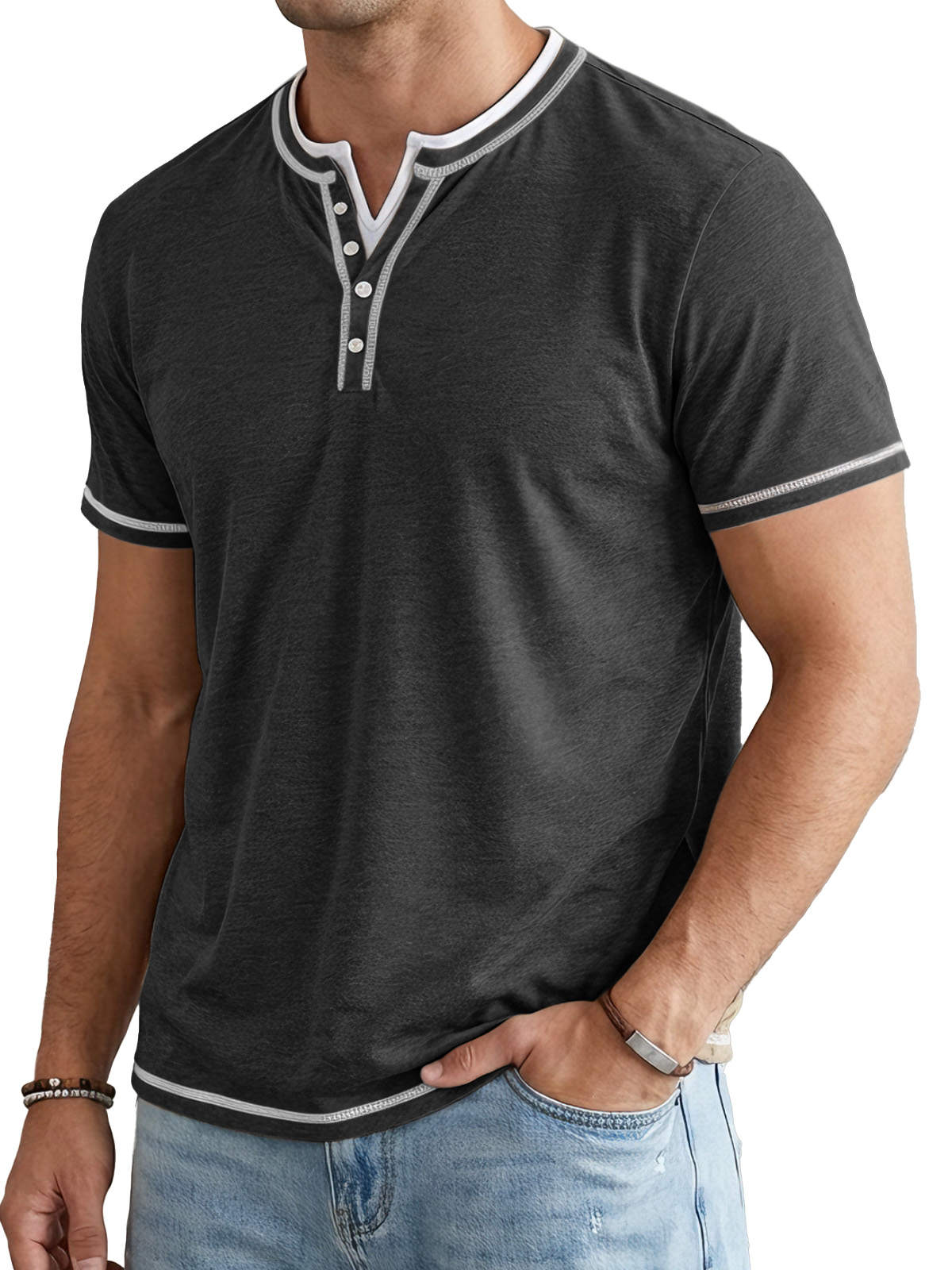 Men's Short Sleeve Color Block Fake Two Piece Henley Shirt