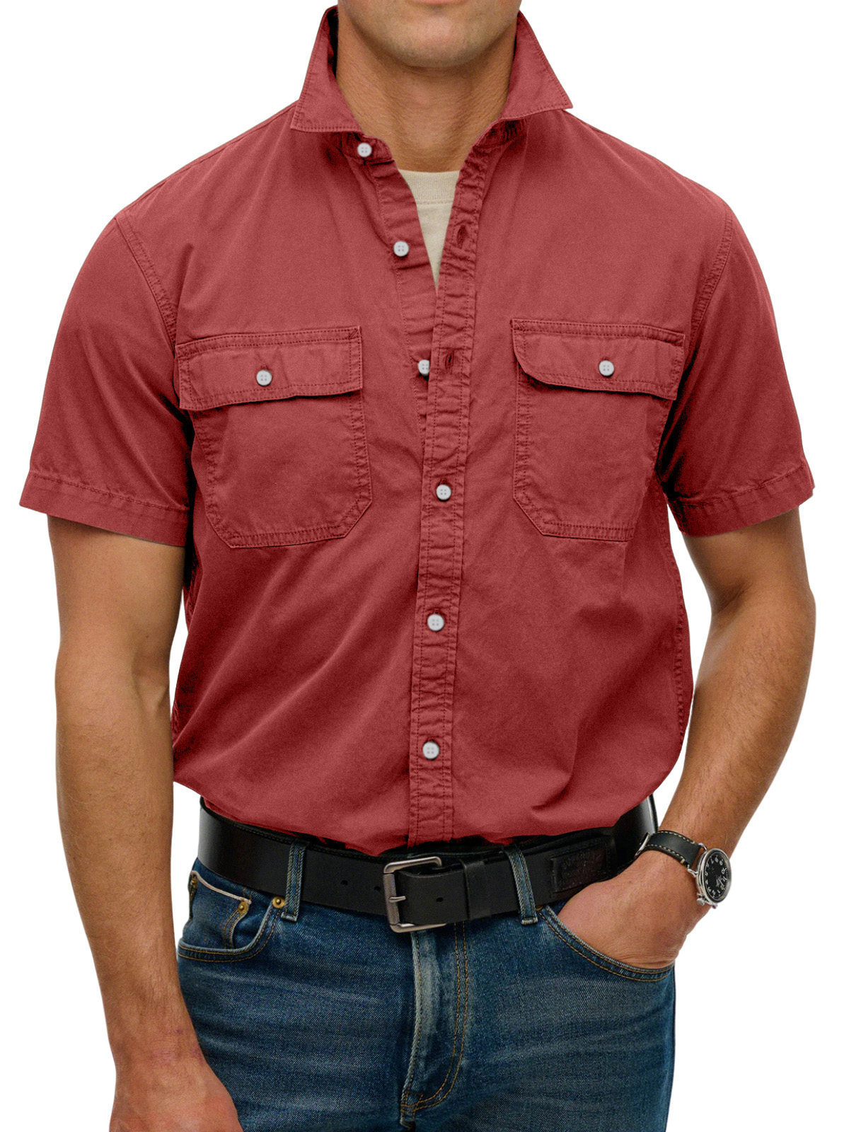 Men's simple double-pocket lapel button-down short-sleeved shirt