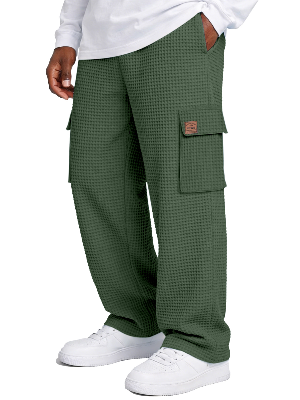 Simple Waffle-knit Loose Casual Straight-leg Pants With Pockets