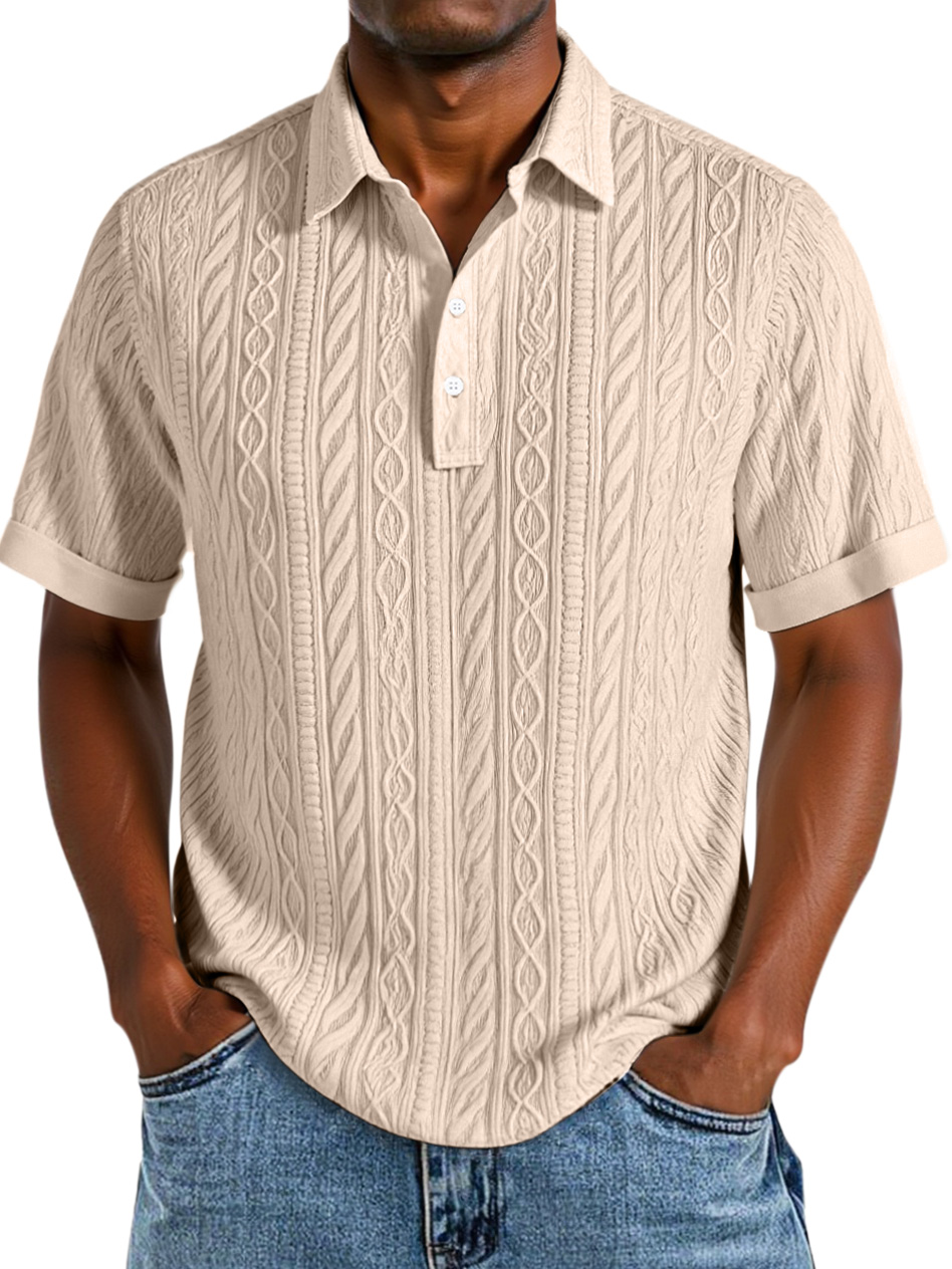 Men's Comfortable Solid Color Textured Short-sleeved Lapel Polo Shirt