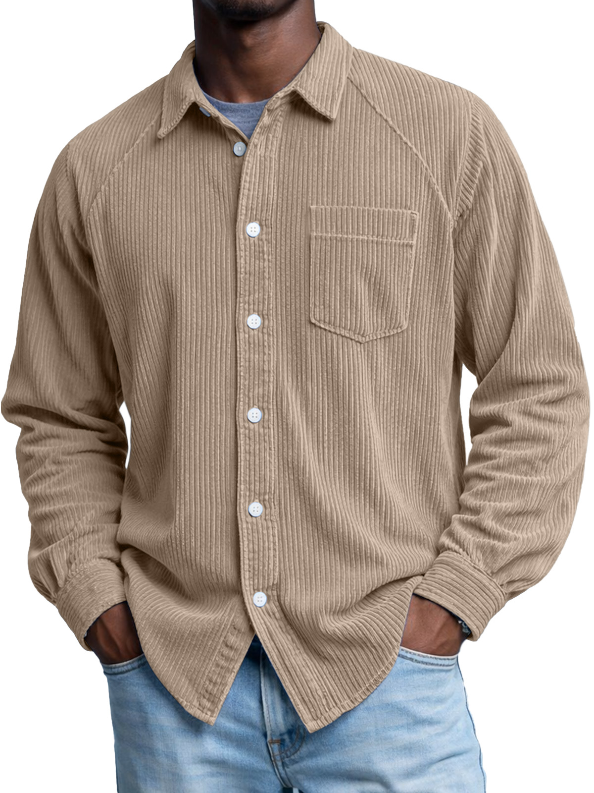 Men's Retro Corduroy Raglan Long-Sleeve Lapel Shirt