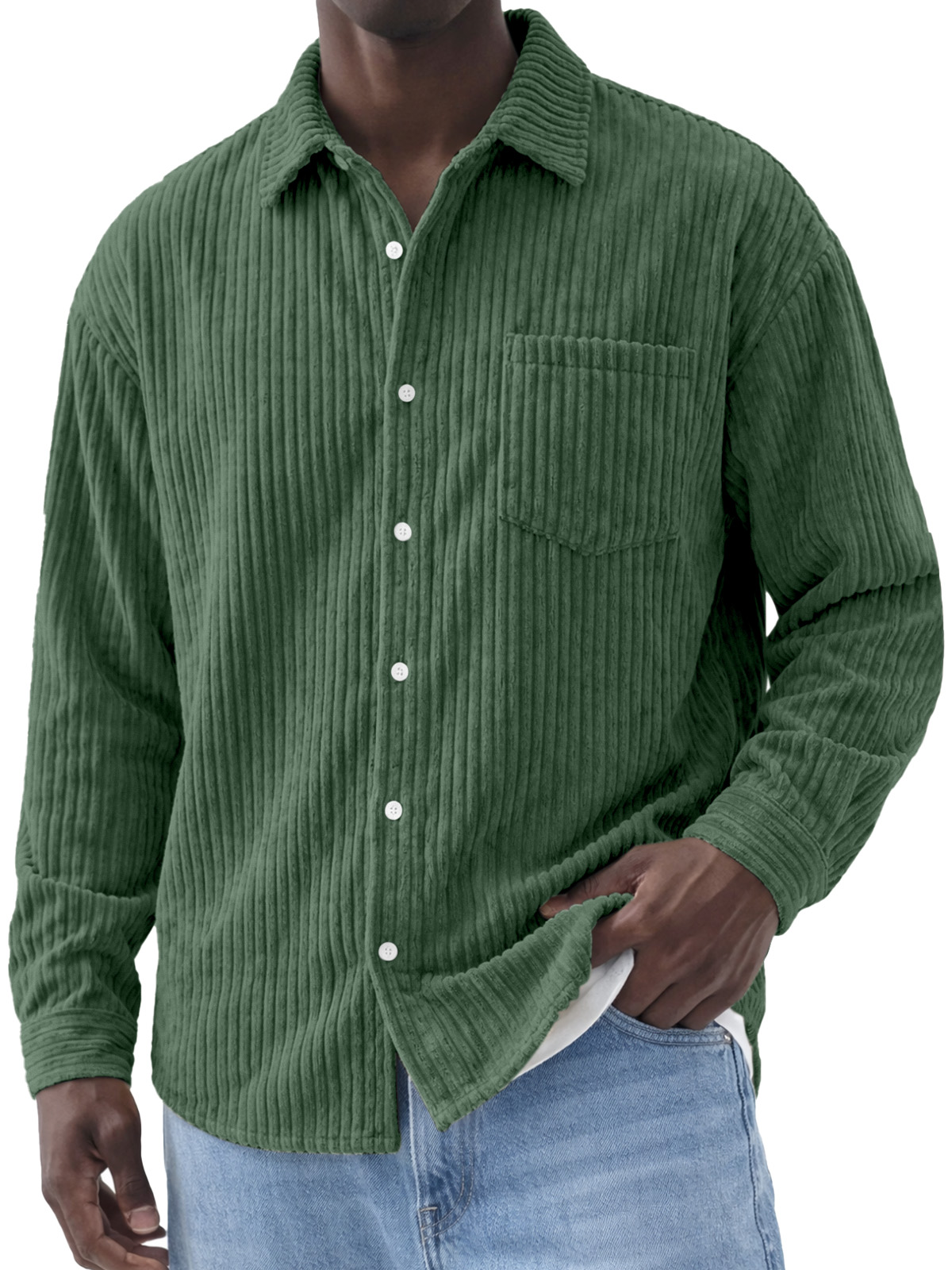 Men's Simple Solid Color Corduroy Long-Sleeve Polo Shirt