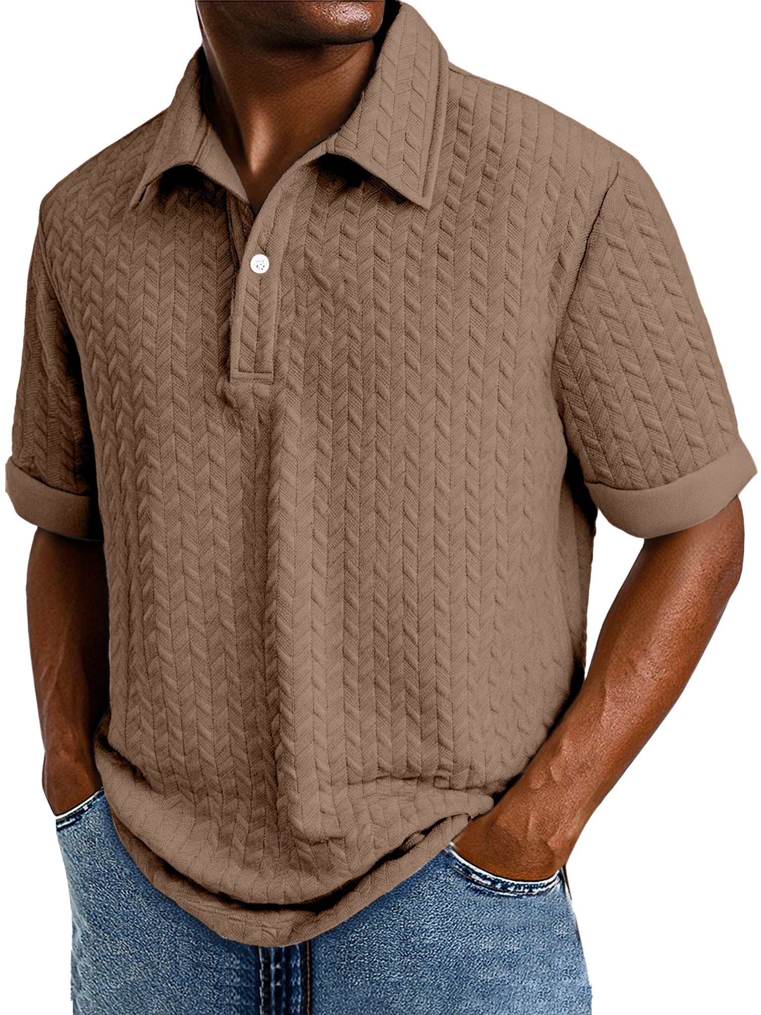 Men's Comfortable Solid Color Textured Short-sleeved Lapel Polo Shirt
