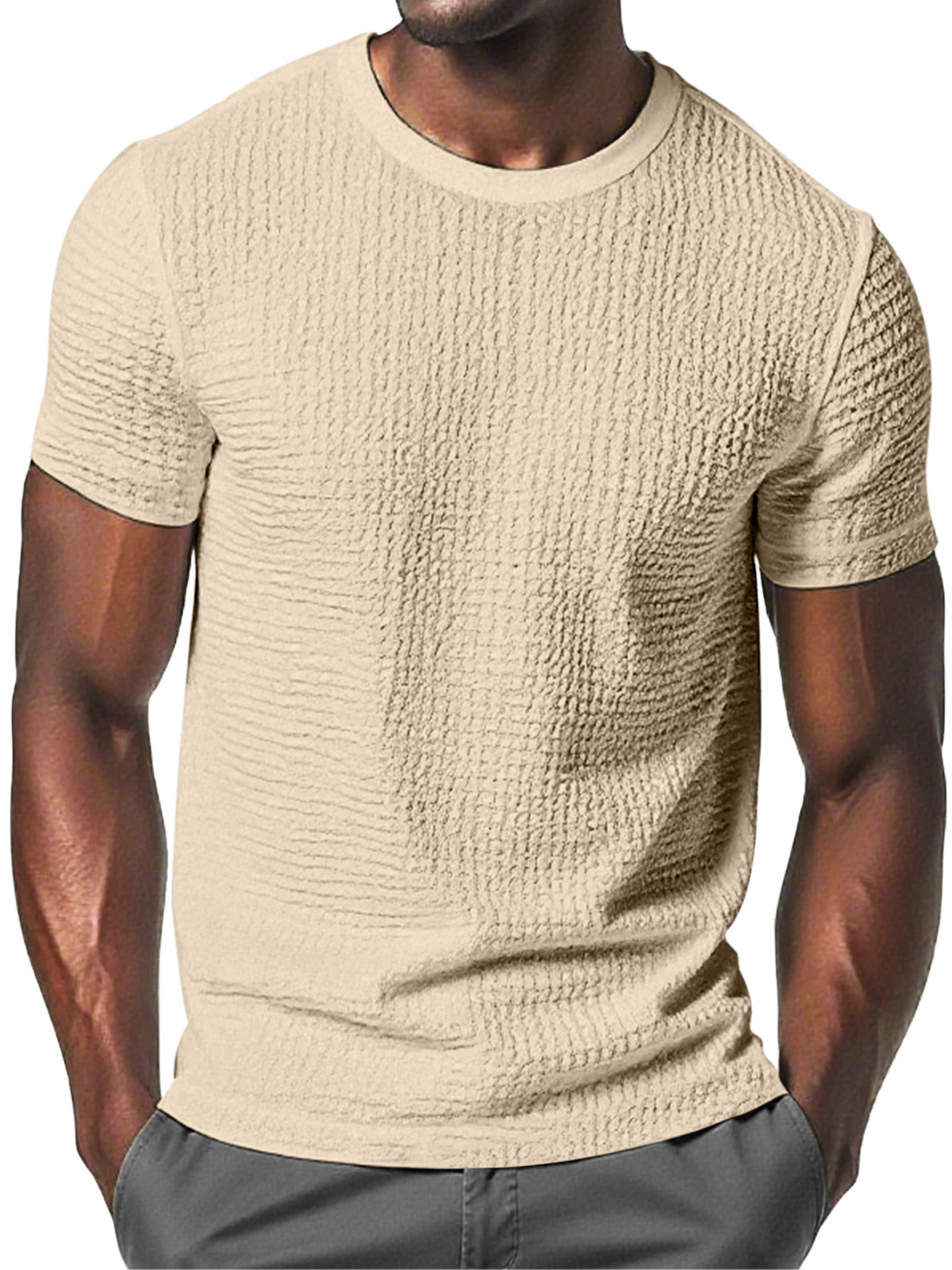 Men's Daily Solid Color Pleated Texture Comfortable Round Neck Short-sleeved T-shirt