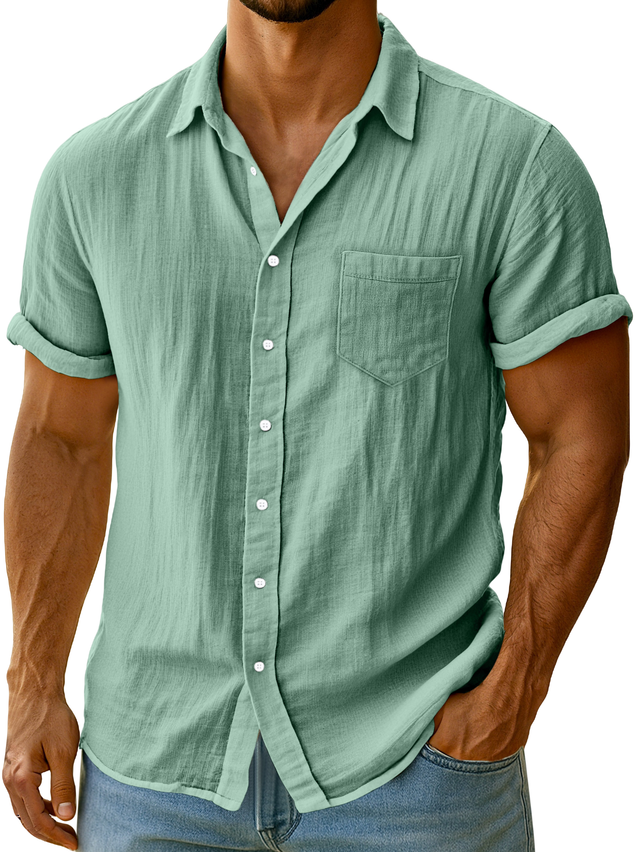 Men's Casual Solid Color Breathable Imitation Linen Button Short-sleeved Shirt