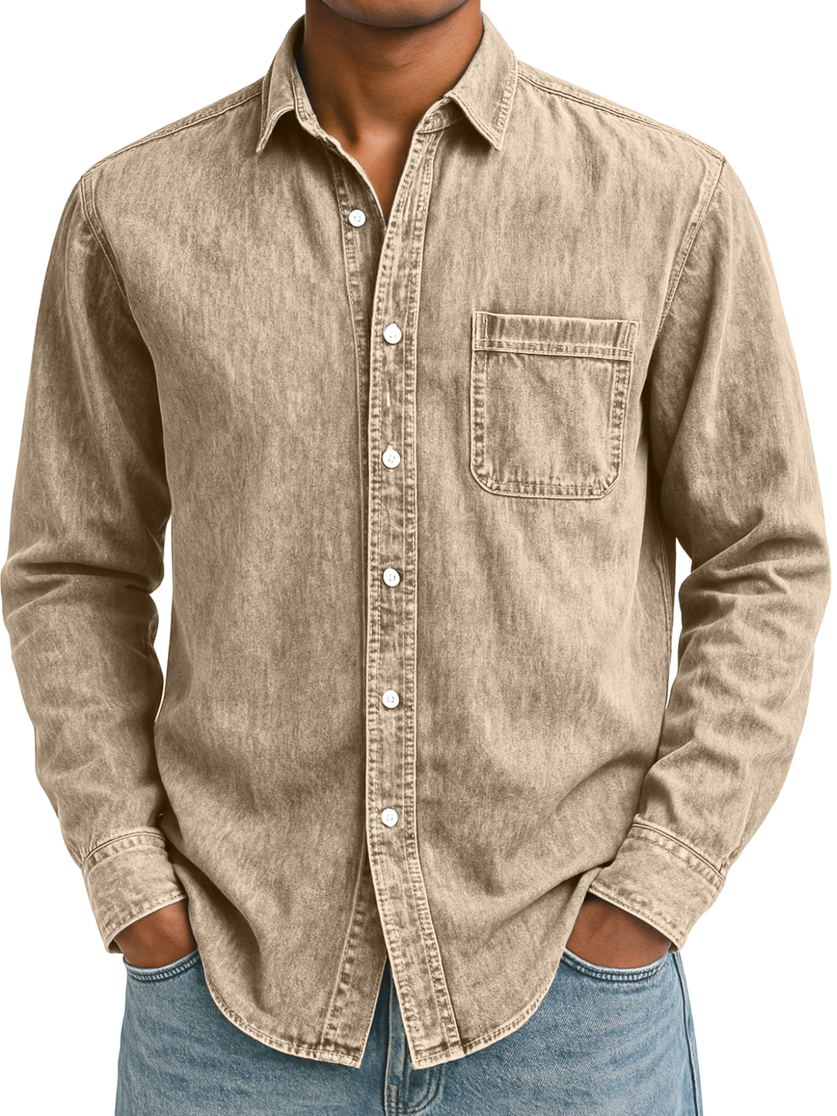 Men's Simple Retro Solid Color Lapel Long-sleeved Shirt