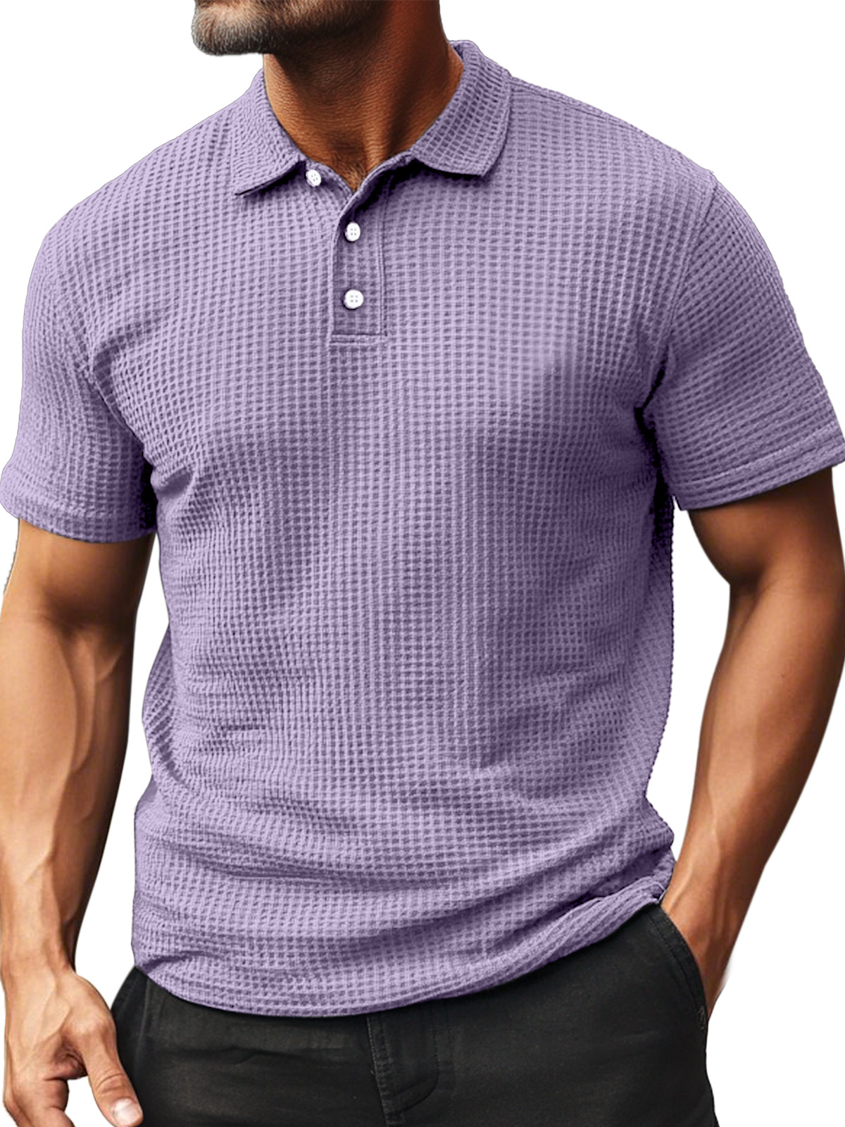 Men's Summer Daily Waffle Texture Short Sleeve Button-up Polo Shirt