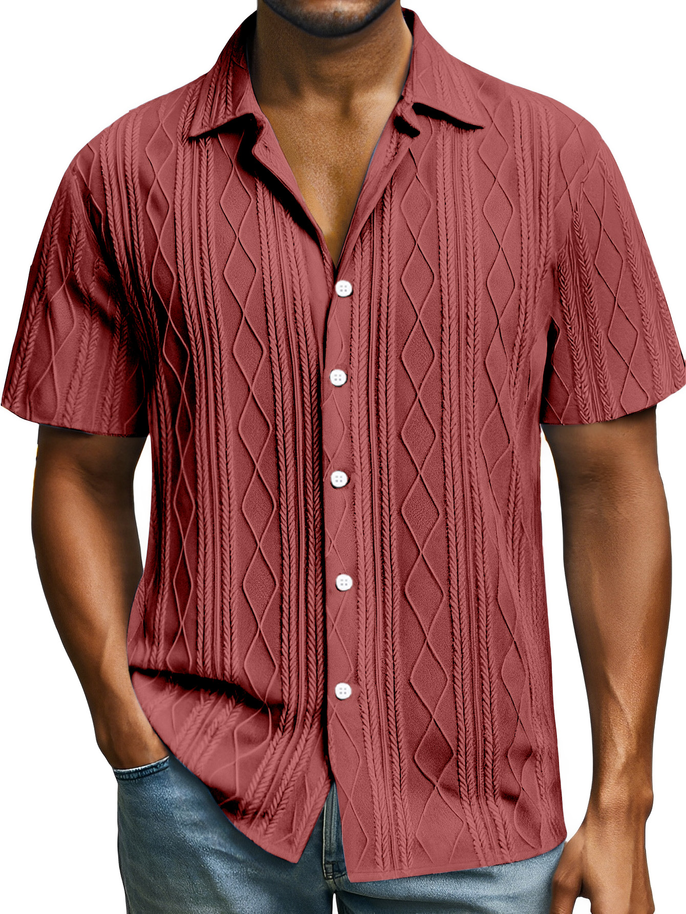 Men's Casual Daily Simple Solid Color Texture Button Lapel Short-sleeved Shirt