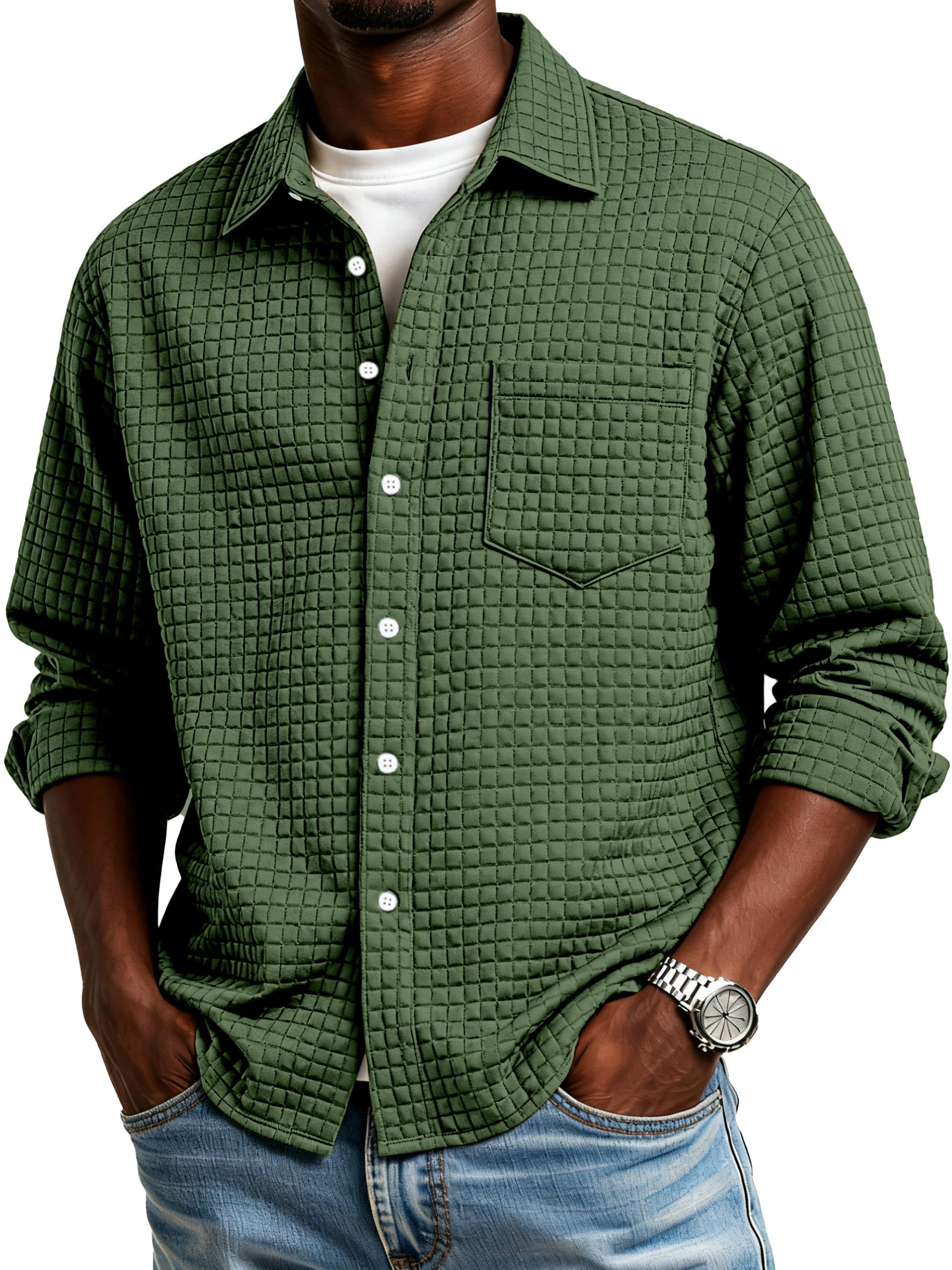 Men's Simple Small Checkered Textured Lapel Button-down Long-sleeved Shirt