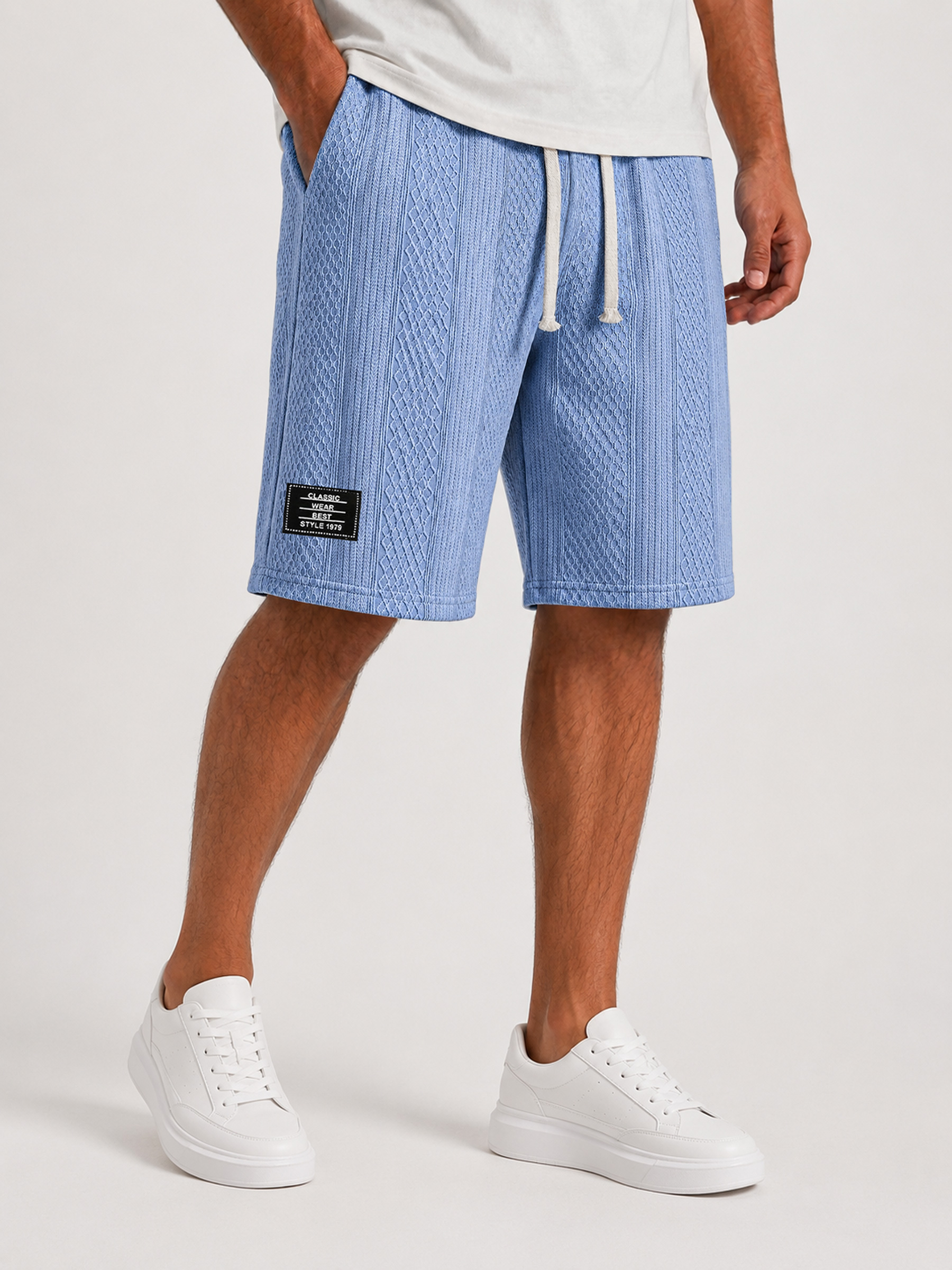 Men's Solid-Color Casual Shorts with Textured Embroidered Logo and Elastic Waist