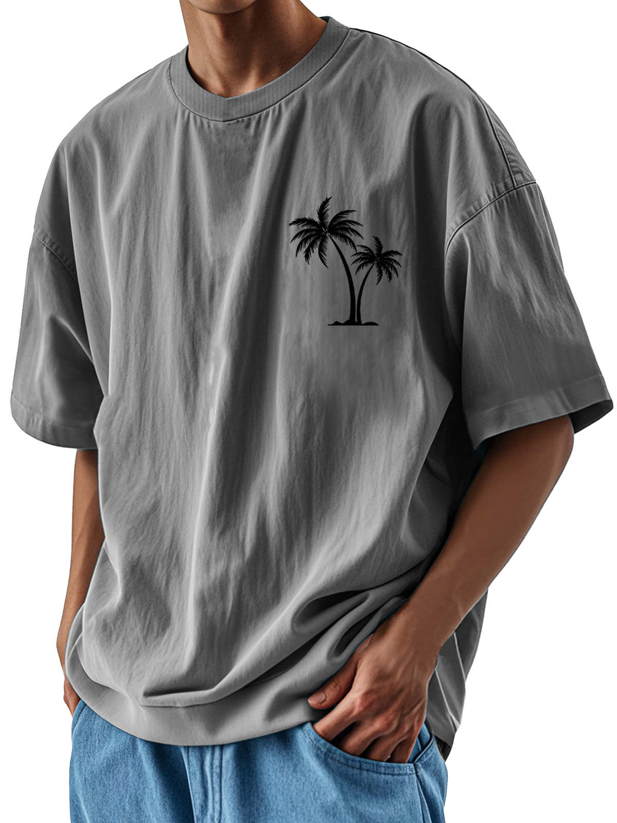 Men's Fashion Casual Loose Pocket Coconut Print Short Sleeve T-Shirt