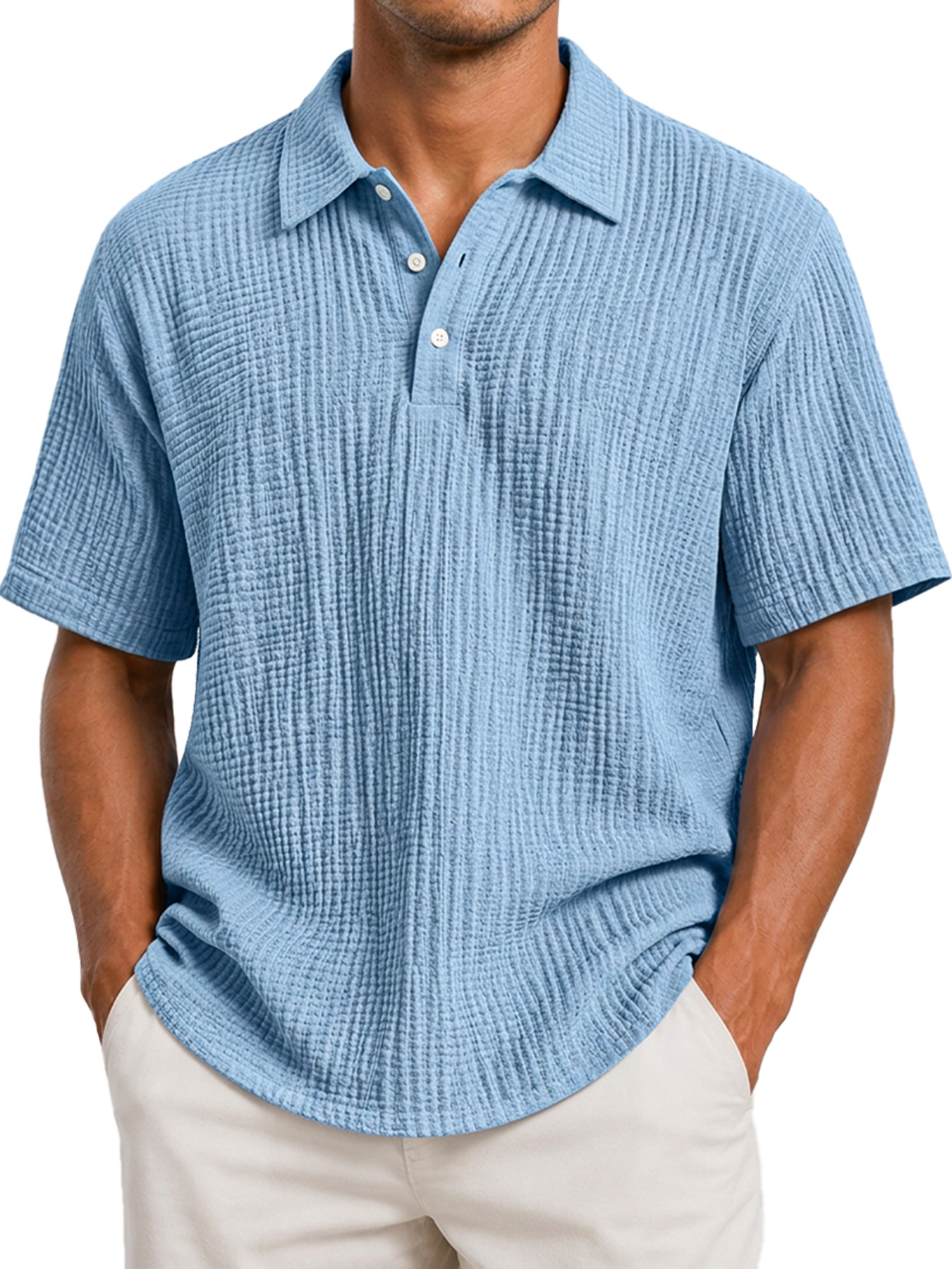Men's Casual Short-Sleeve Polo Shirt with Pleated Collar and Button Placket