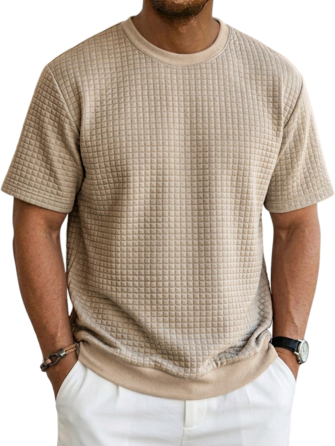 Men's Casual Waffle Knit Crew Neck Comfortable Short Sleeve T-Shirt