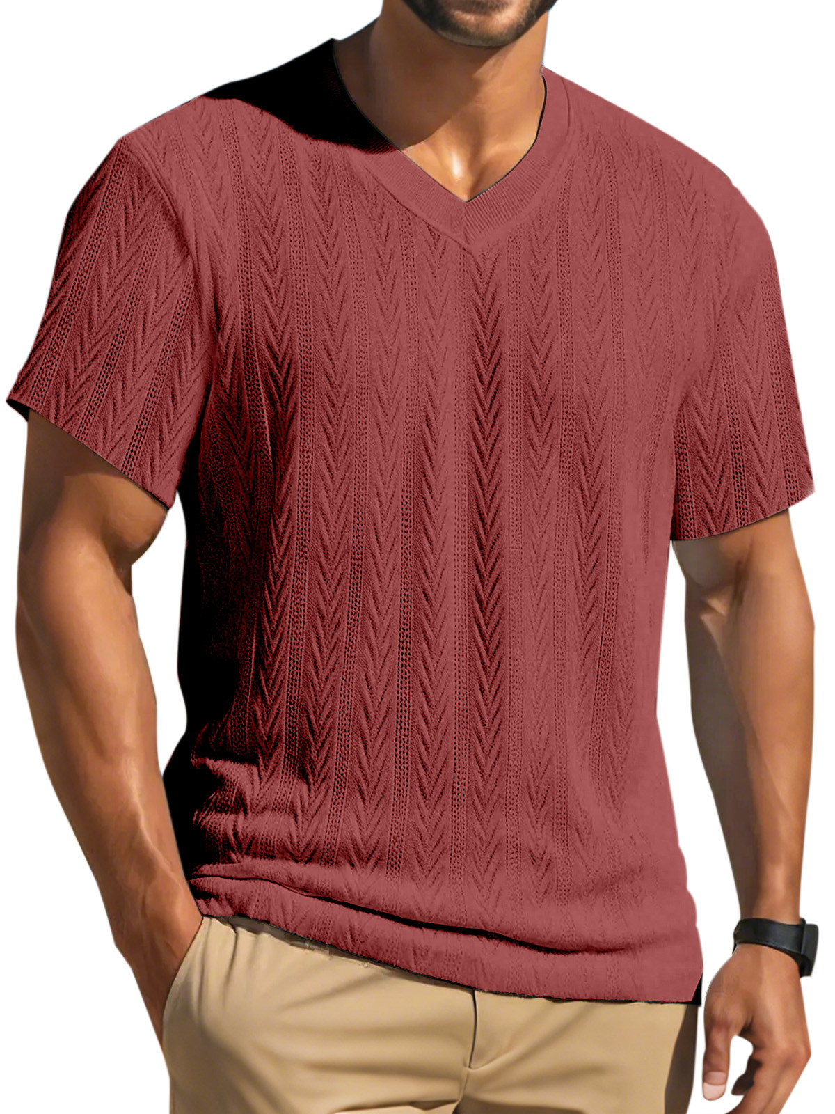Men's Simple Solid Color Texture Short-sleeved Round Neck T-shirt