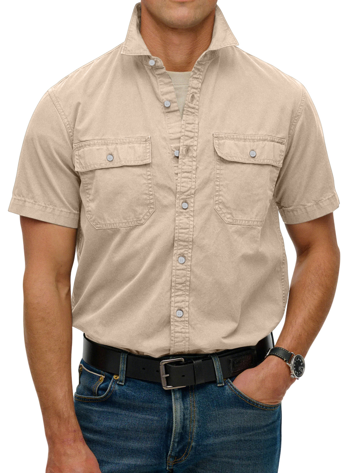 Men's simple double-pocket lapel button-down short-sleeved shirt