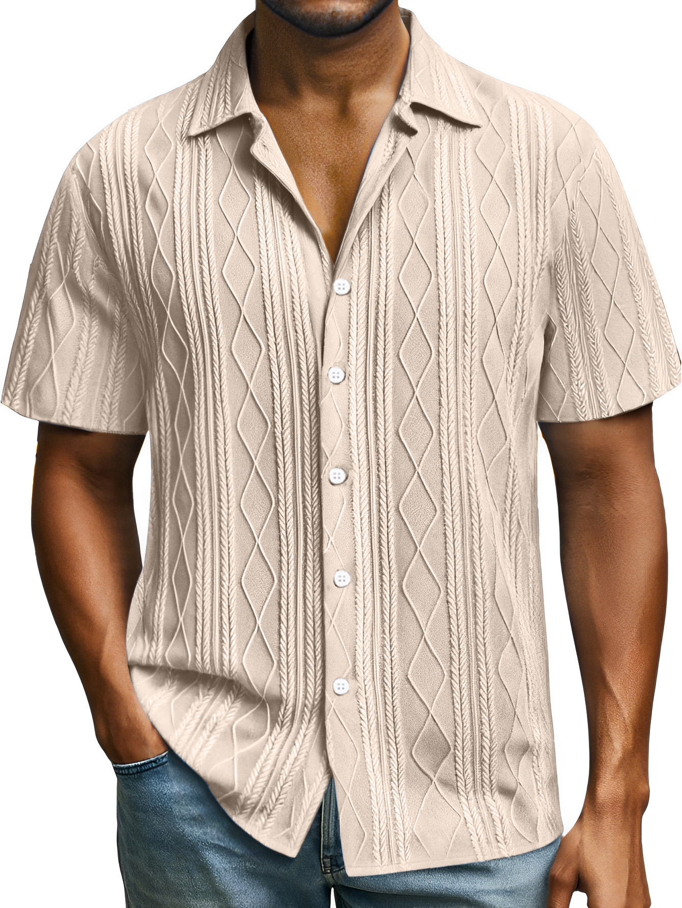 Men's Casual Daily Simple Solid Color Texture Button Lapel Short-sleeved Shirt