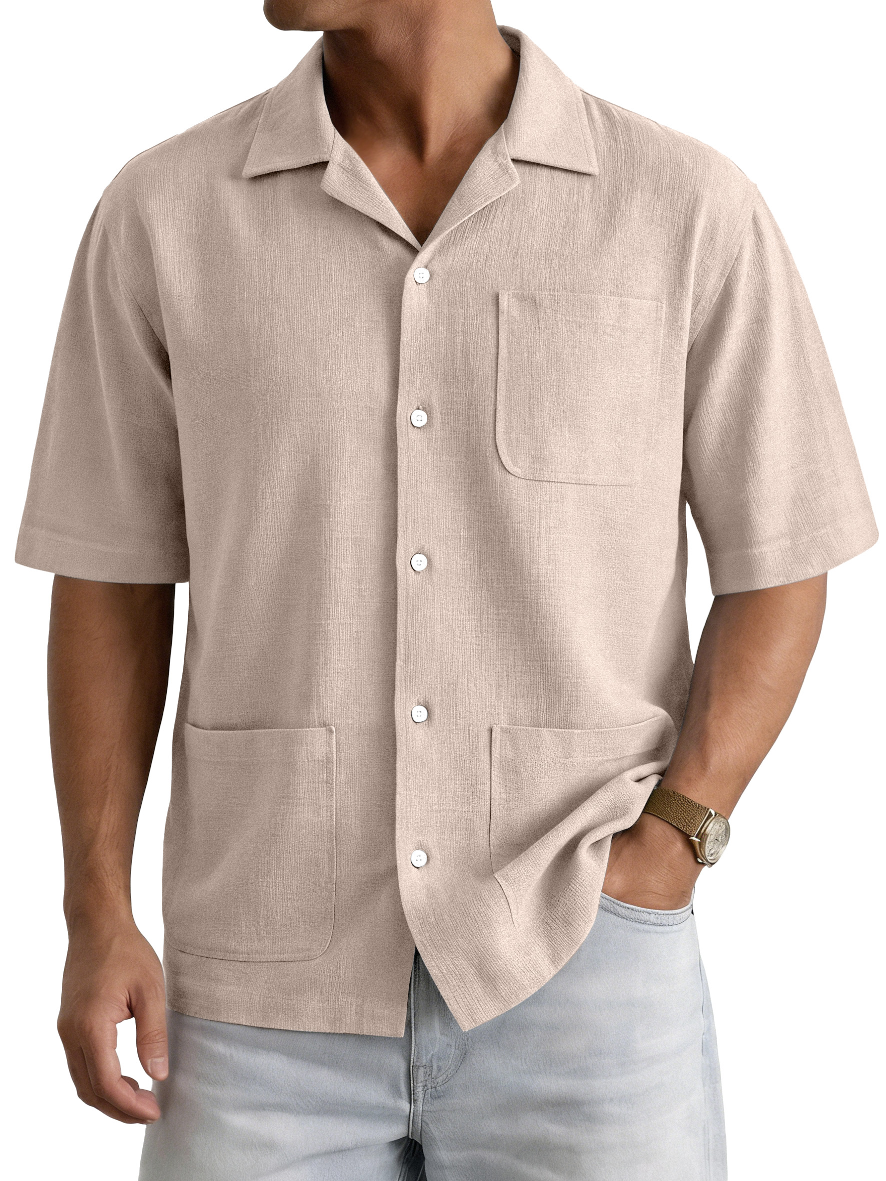 Men's Casual Simple Solid Color Multi-Pocket Cuban Collar Short-Sleeve Shirt