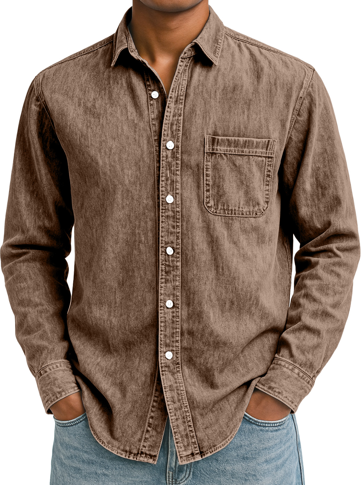 Men's Simple Retro Solid Color Lapel Long-sleeved Shirt