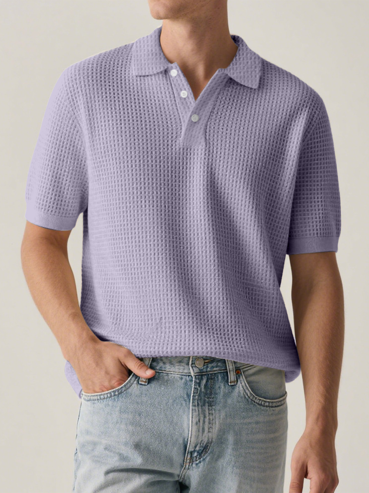 Men's Everyday Solid Color Waffle Short Sleeve Lapel Polo Shirt