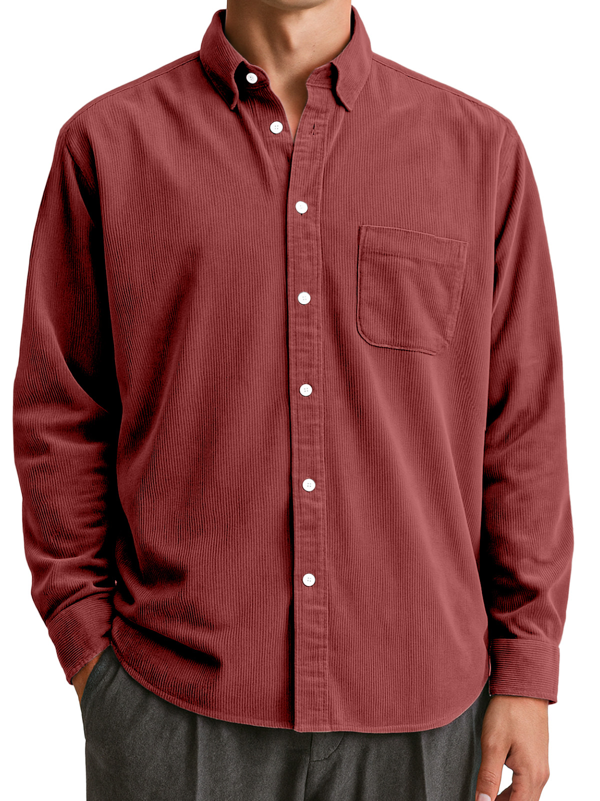 Men's Everyday Retro Casual Corduroy Solid Color Lapel Long Sleeve Shirt