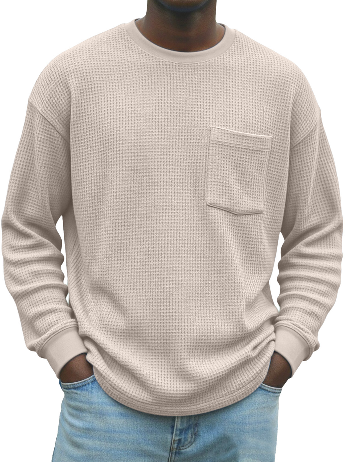 Men's Stylish Waffle-knit Pocket Long-sleeved Crew Neck T-shirt